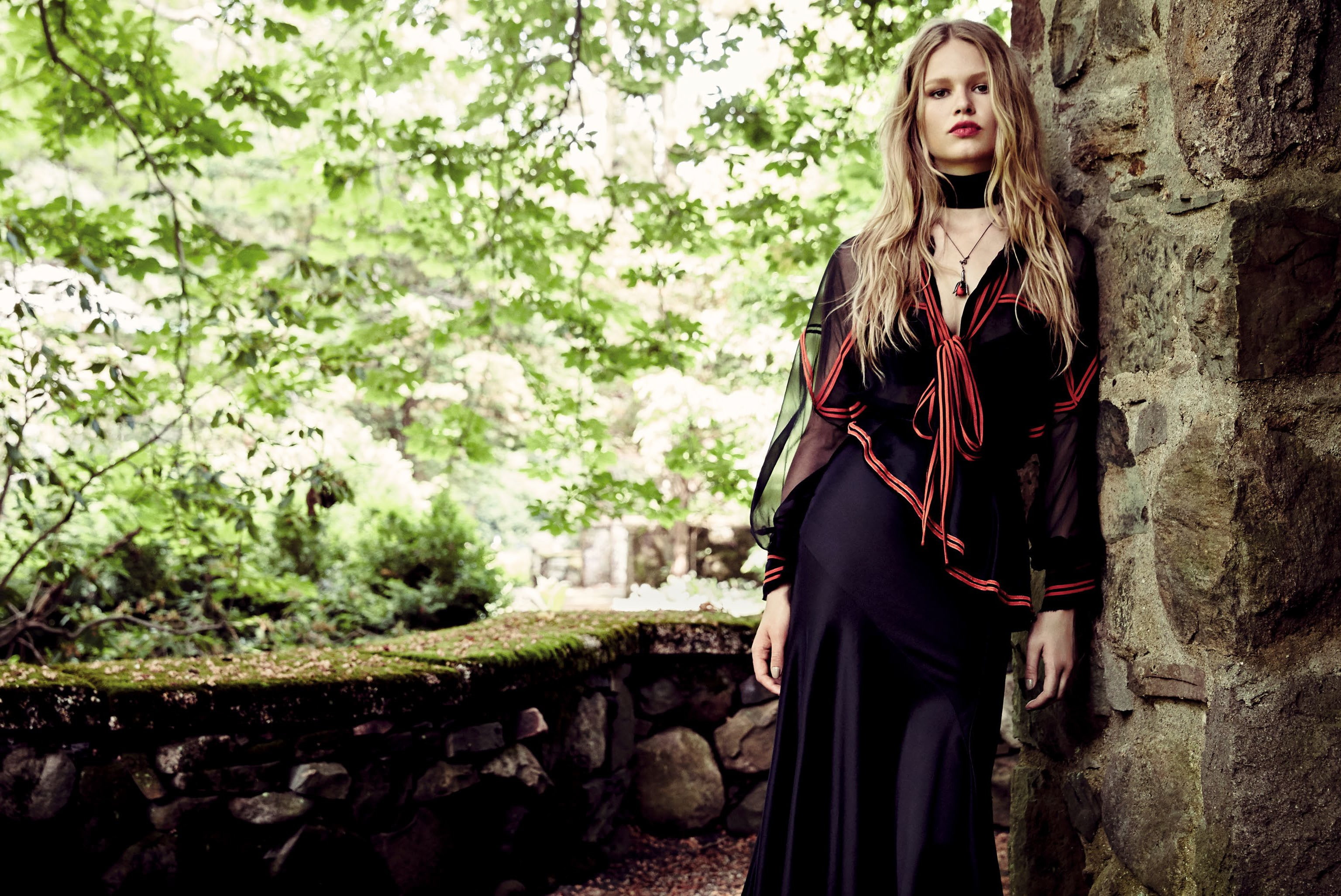 sleeve, model, long, black, nature, s, 2K, red, blonde, maxi, photography, women, dress, HD Wallpaper