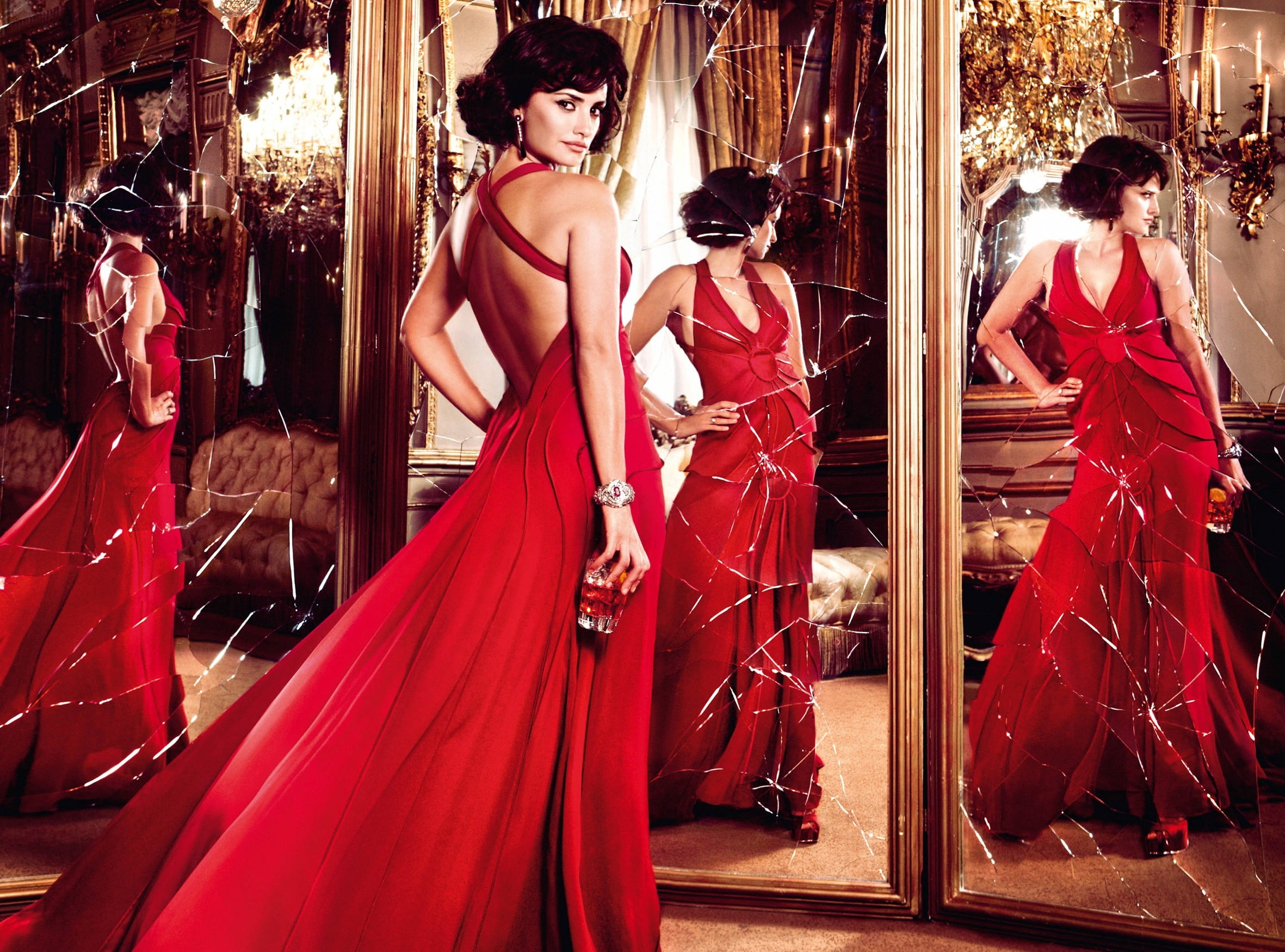 beautiful woman, women, glass, advertising, formalwear, brunette, young women, mirror, actress, adult, people, clothing, glamour, s, fashion, beauty, red, HD Wallpaper