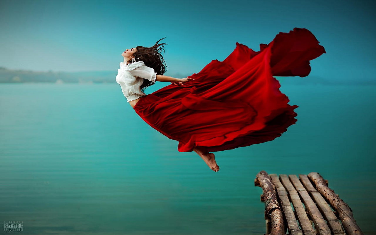 720P, water, model, fashion, day, tranquility, young adult, wind, dress, photography, full length, nature, flying, adult, blue, one person, beauty, red, HD Wallpaper