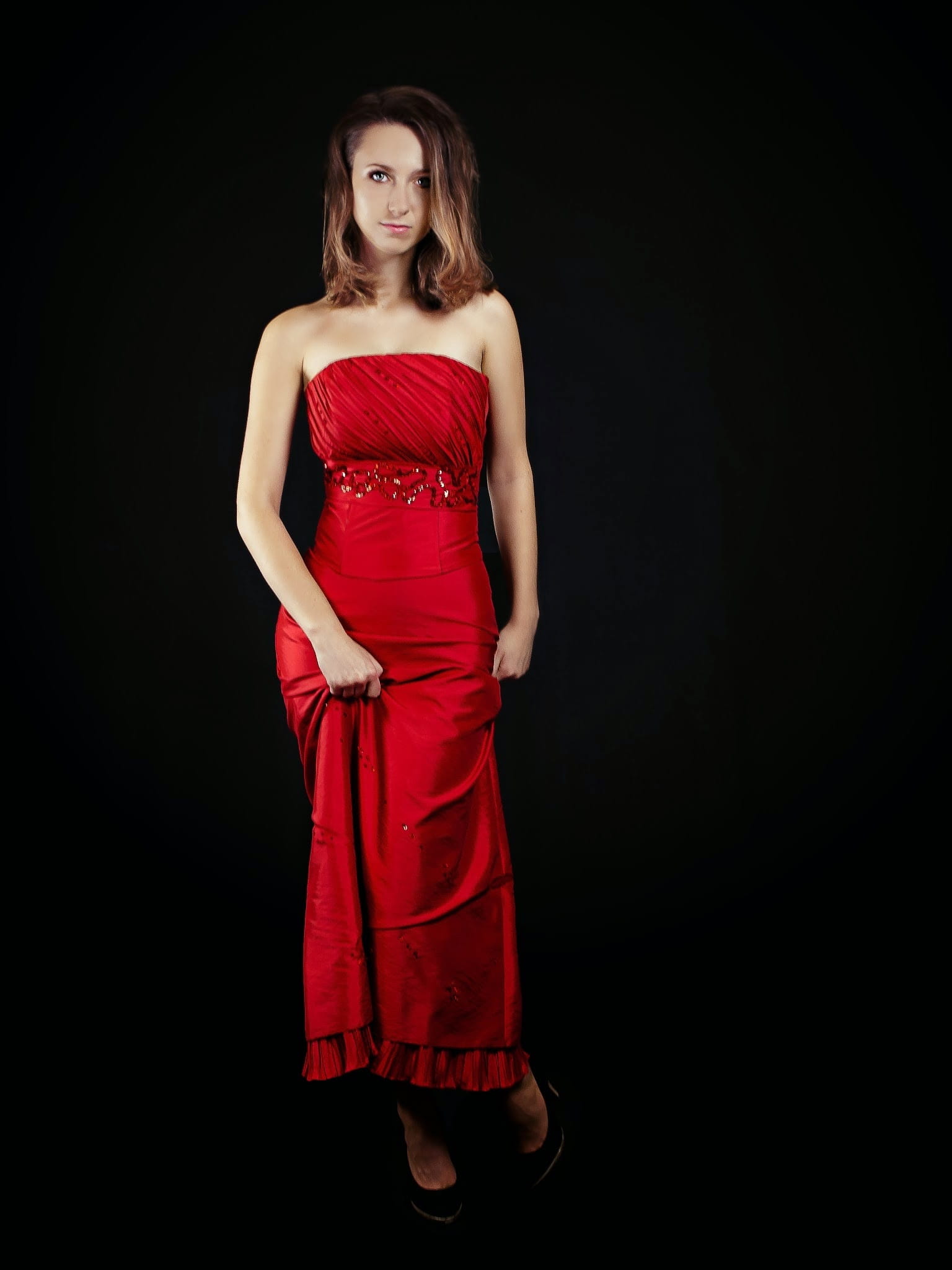 woman, 1080P, grey, women, teenager, white, fashion model, dress, red dress, woman in red, beautiful woman, one person, three quarter length, girl, studio, Phone HD Wallpaper
