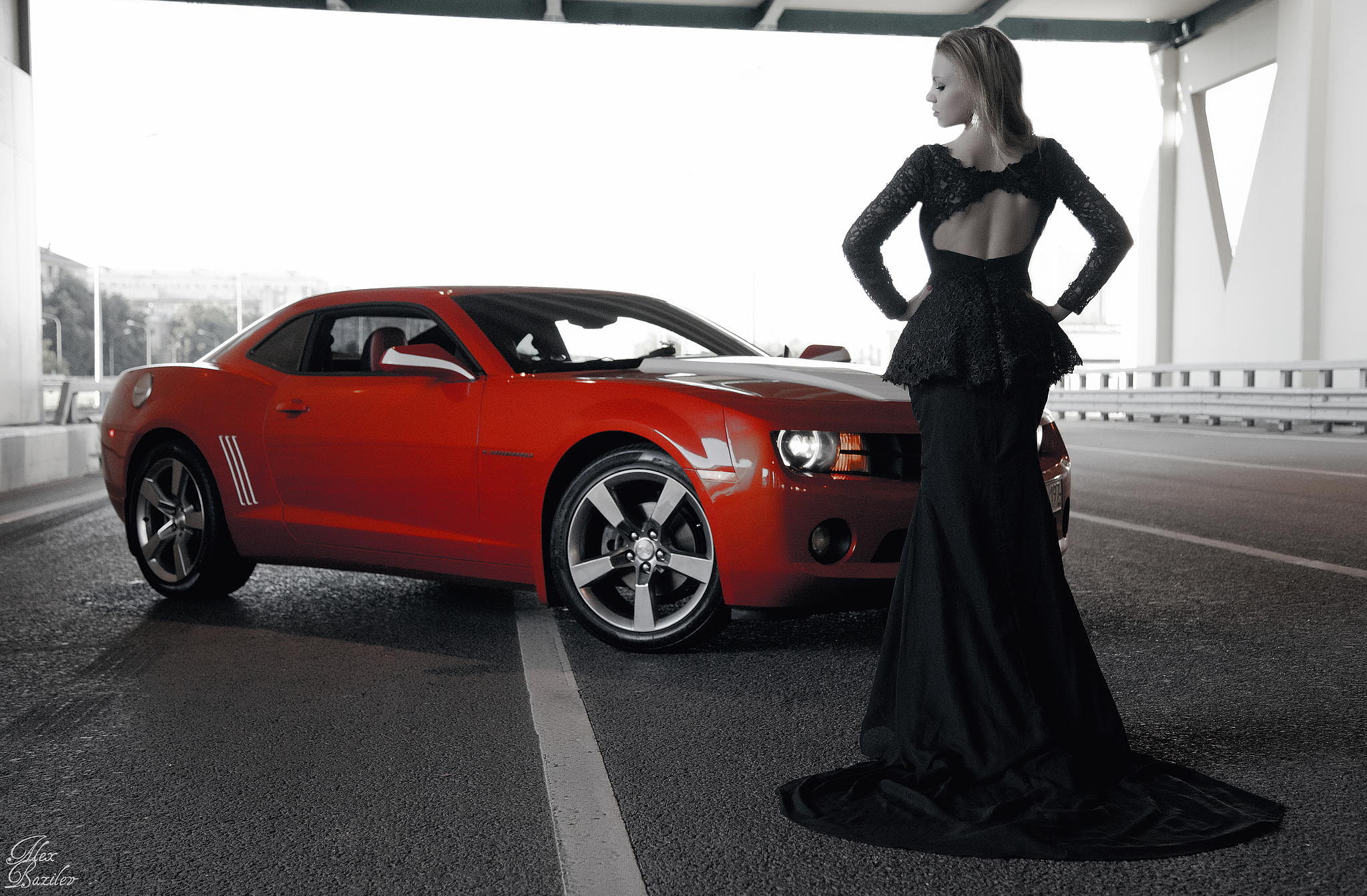 1080P, b/W, dress, Alex Bazilev, photographer, figure, Camaro, girl, Chevrolet, focus, neckline, HD Wallpaper