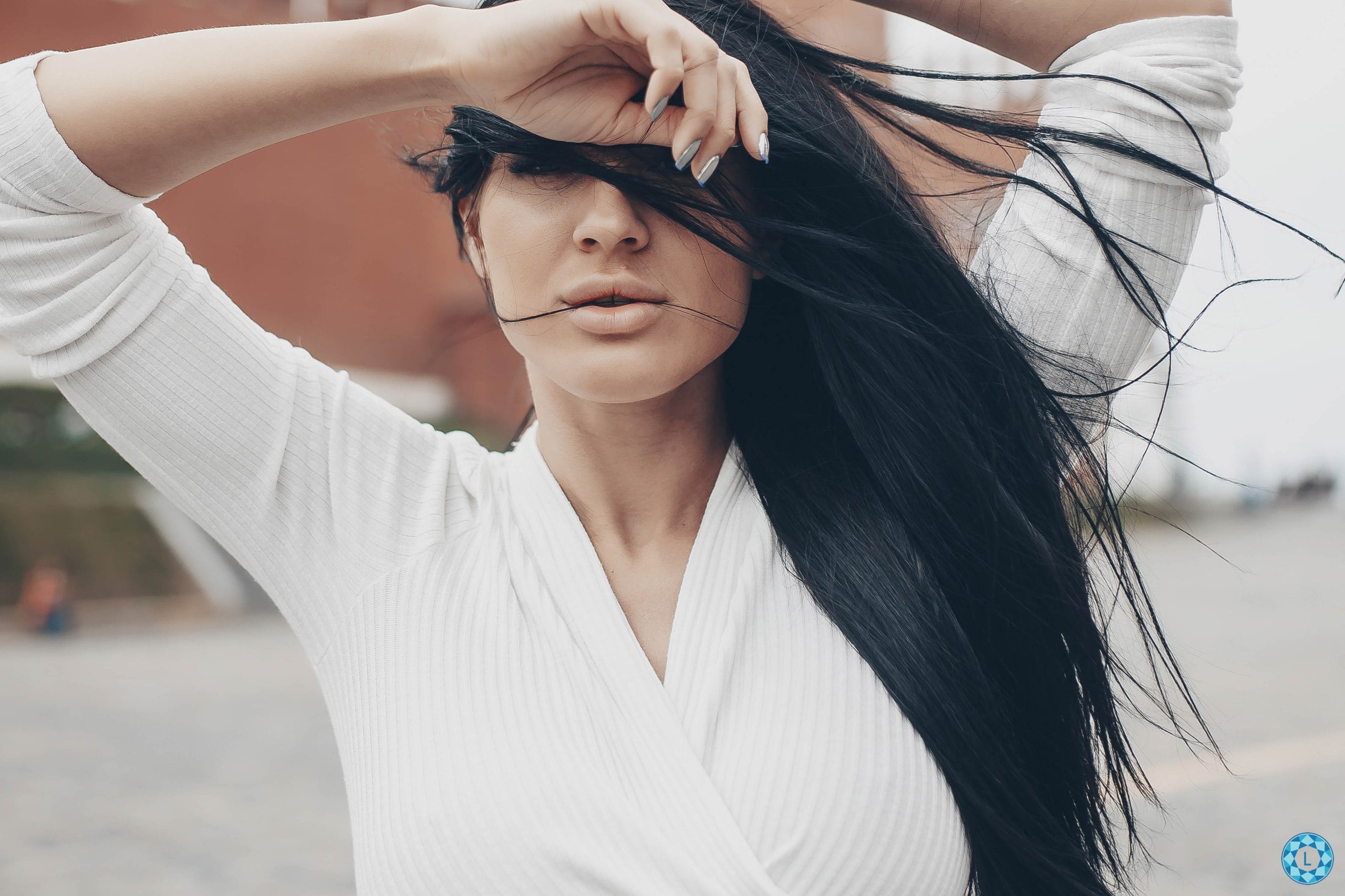 Oksi Konovalova, portrait, women outdoors, long hair, women, juicy lips, black hair, 2K, hair in face, HD Wallpaper