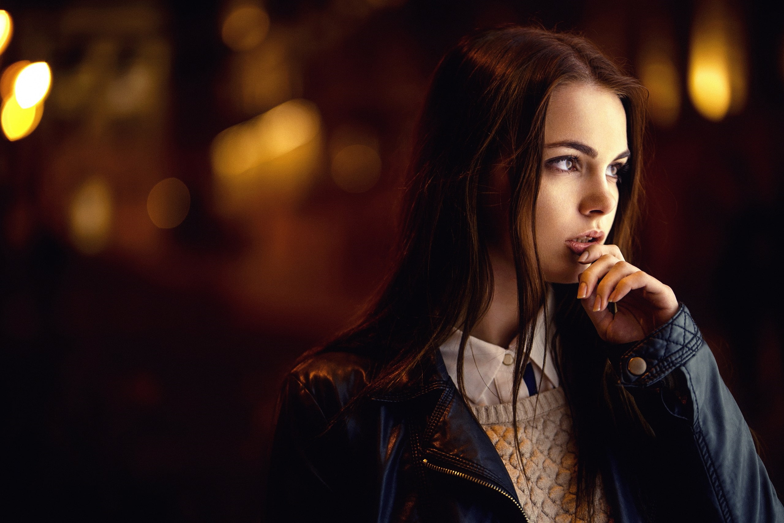 brown eyes, long hair, depth of field, women outdoors, sweater, brunette, Oktyabrina Maximova, portrait, lights, shirt, night, 2K, painted nails, looking away, HD Wallpaper