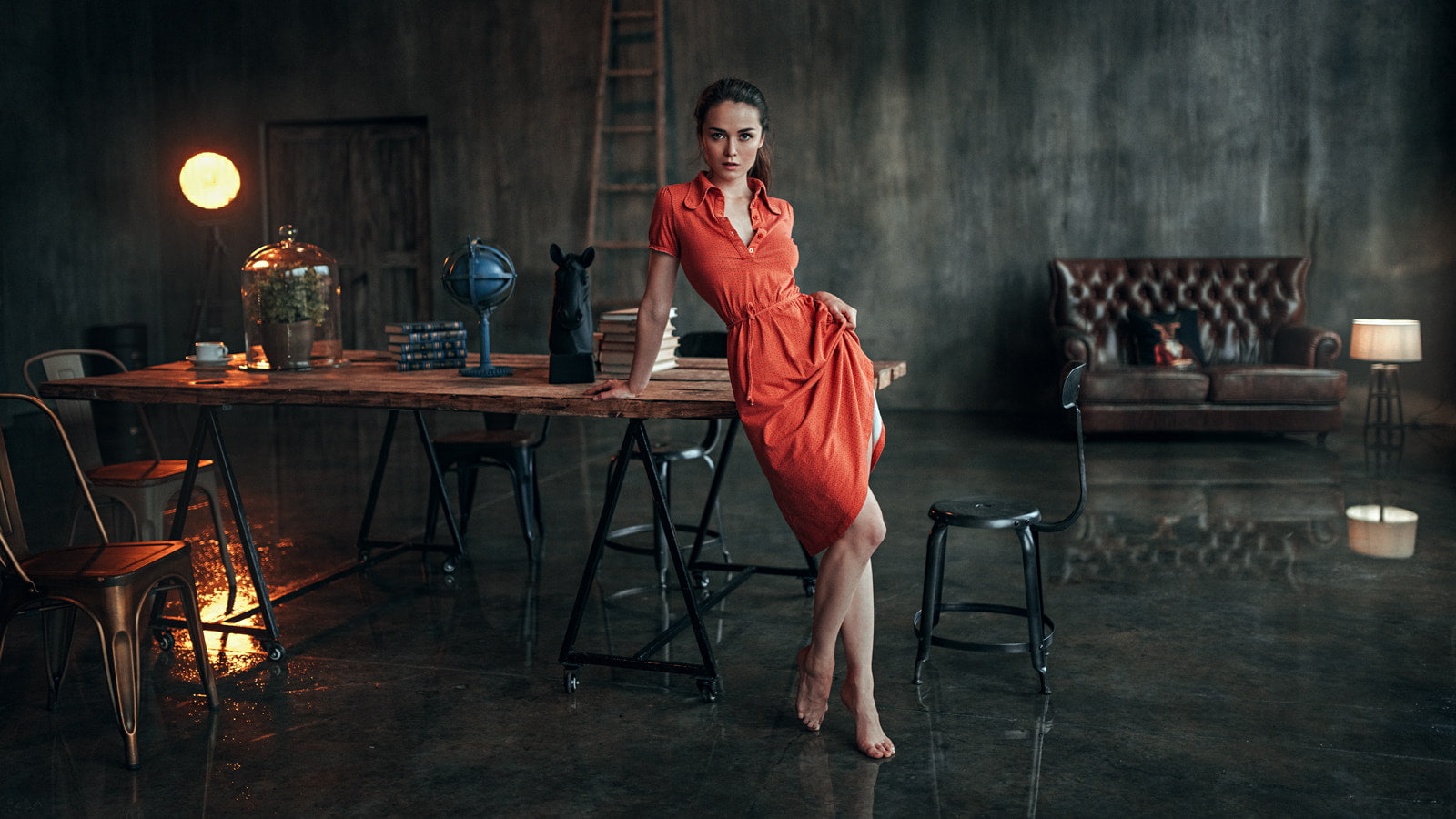 red dress, looking at viewer, table, barefoot, brunette, Anastasia Zonova, Georgy Chernyadyev, 720P, brown eyes, women, HD Wallpaper