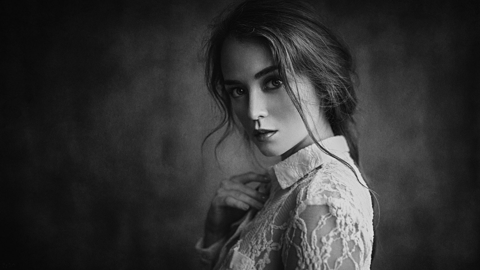 face, Georgy Chernyadyev, simple background, white shirt, 720P, portrait, long hair, monochrome, Anastasia Zonova, women, brunette, HD Wallpaper