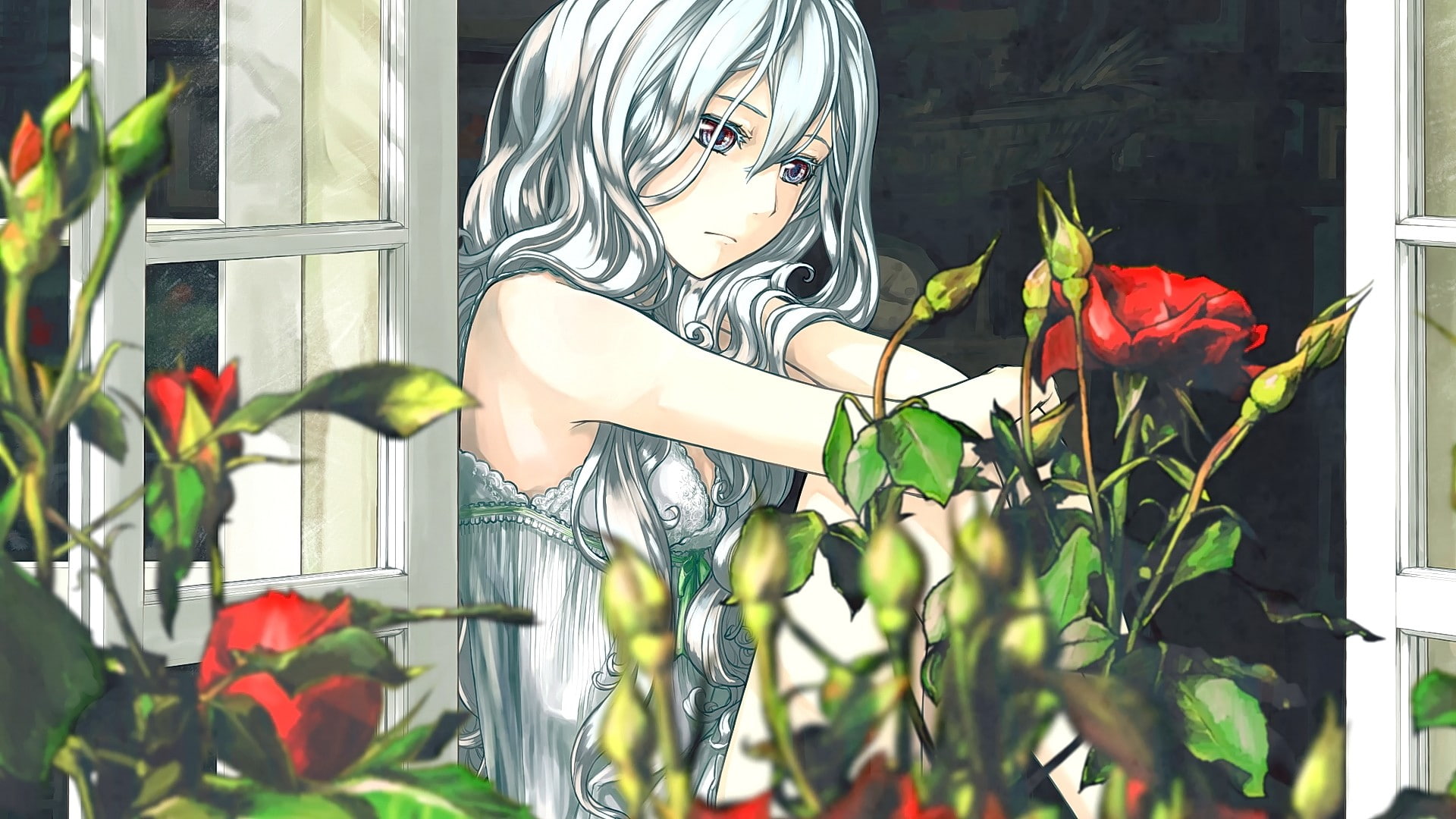 flowers, window, anime, silver hair, original characters, anime girls, 1080P, rose, HD Wallpaper