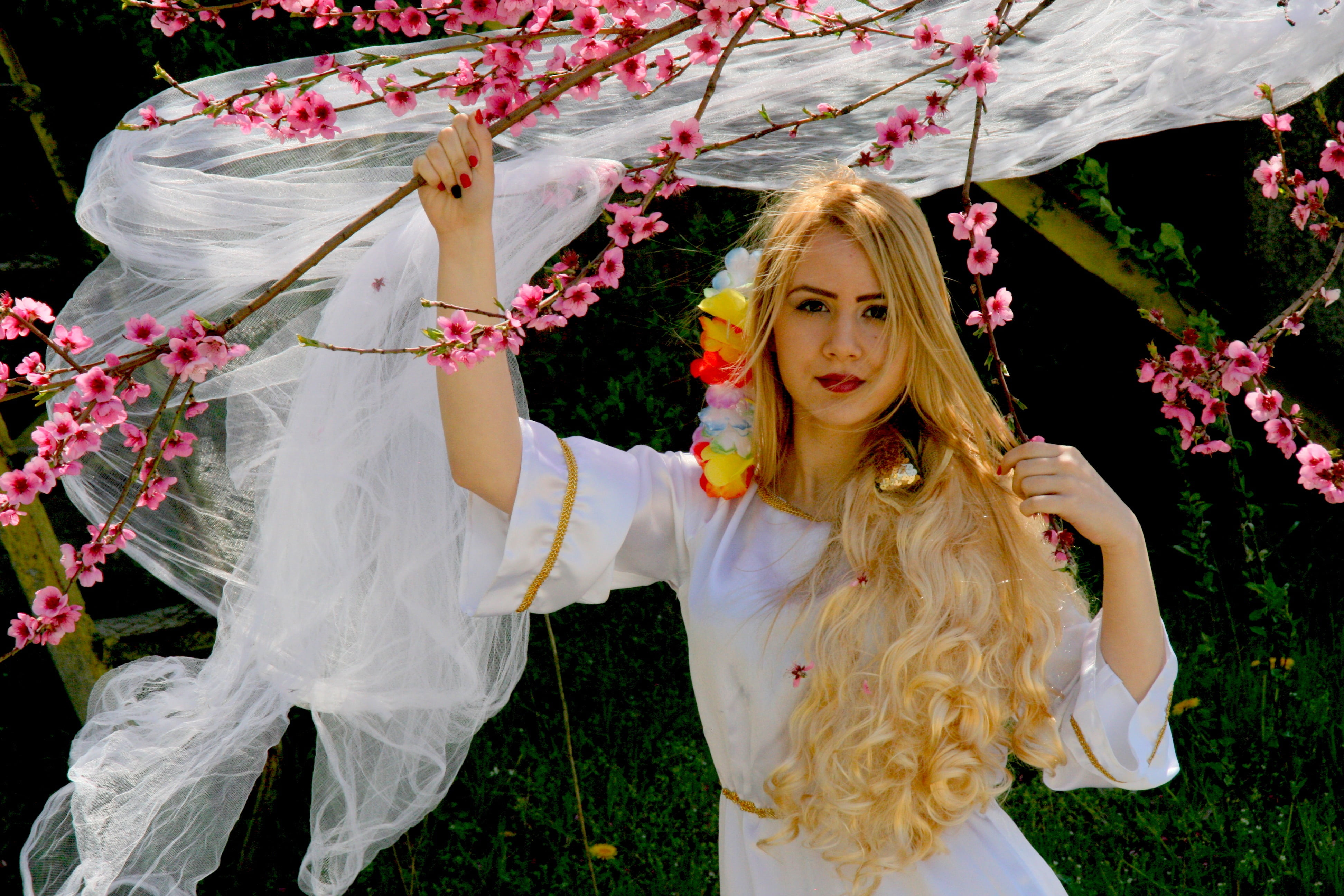 dress, pink, flowering plant, photo, outdoors, one person, beauty, young adult, fashion, women, beautiful woman, hairstyle, flower, portrait, real people, HD Wallpaper