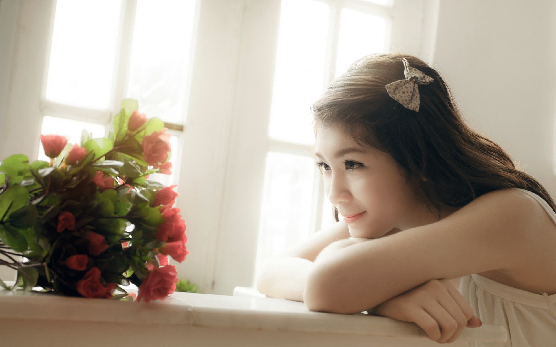 hairstyle, indoors, brown hair, looking, tank top, flowers, childhood, 1080P, child, model, girls, one person, portrait, hair, plant, women, headshot, HD Wallpaper
