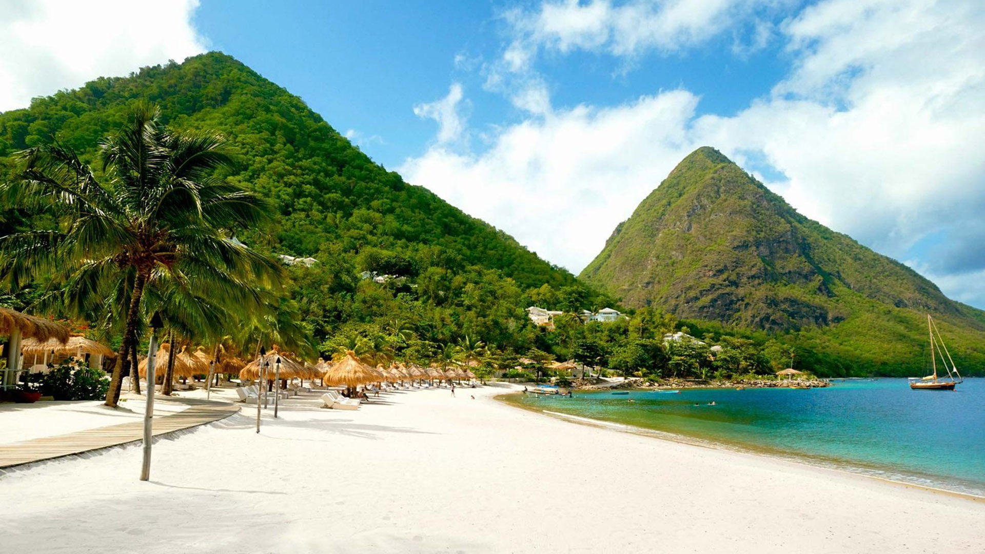 1080P, sugar, piton, caribbean, gros, beach, lucia, saint, resort, sandy, mountain, HD Wallpaper