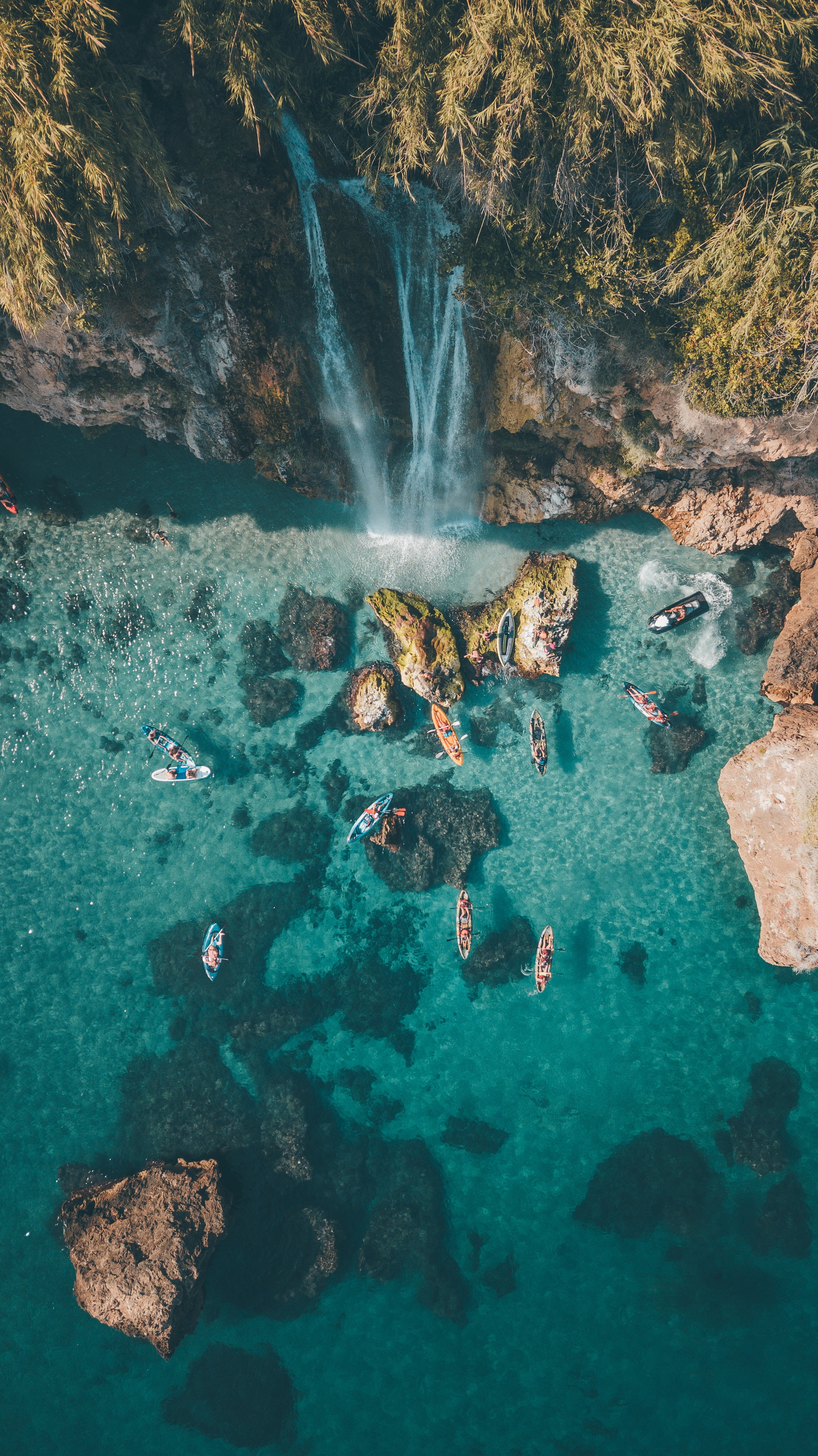 trees, beach, nature, rock formation, water, rock - object, swimming, holiday, environment, undersea, solid, crag, sport, sea, scenics - nature, turquoise colored, Phone HD Wallpaper