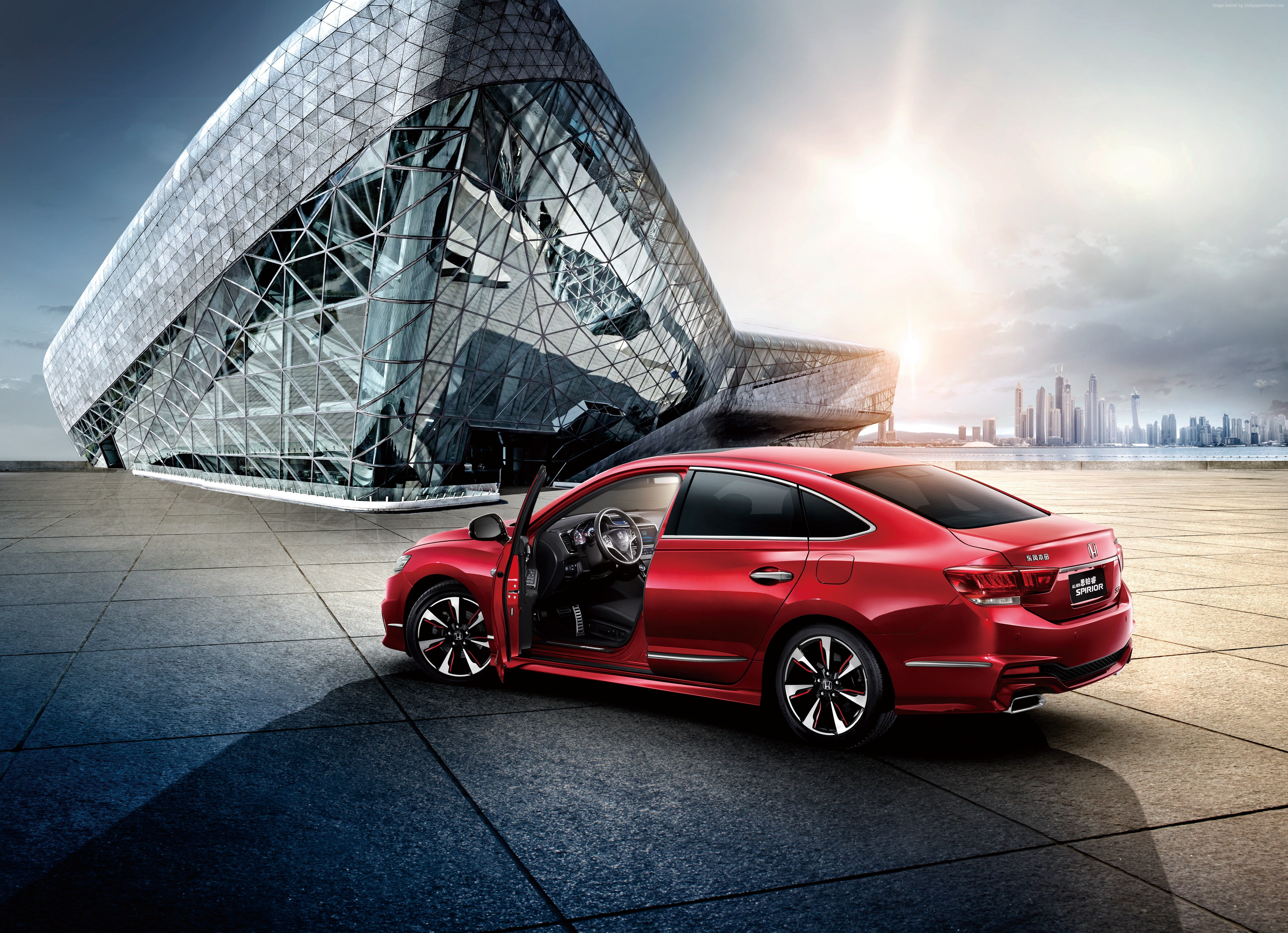 transportation, sedan, day, city, outdoors, digital composite, building, 4K, street, building exterior, built structure, Honda Spirior Si, mode of transportation, HD Wallpaper