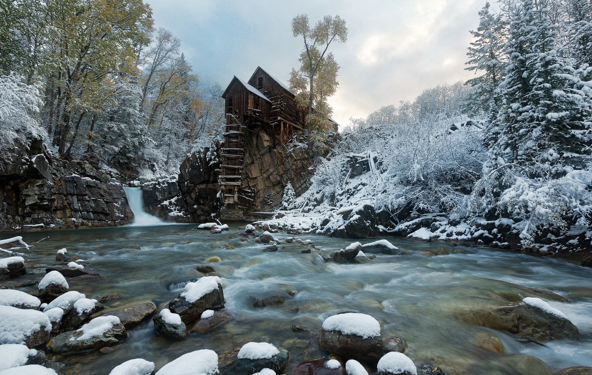 mill, Crystal Mill, 1080P, snow, river, HD Wallpaper