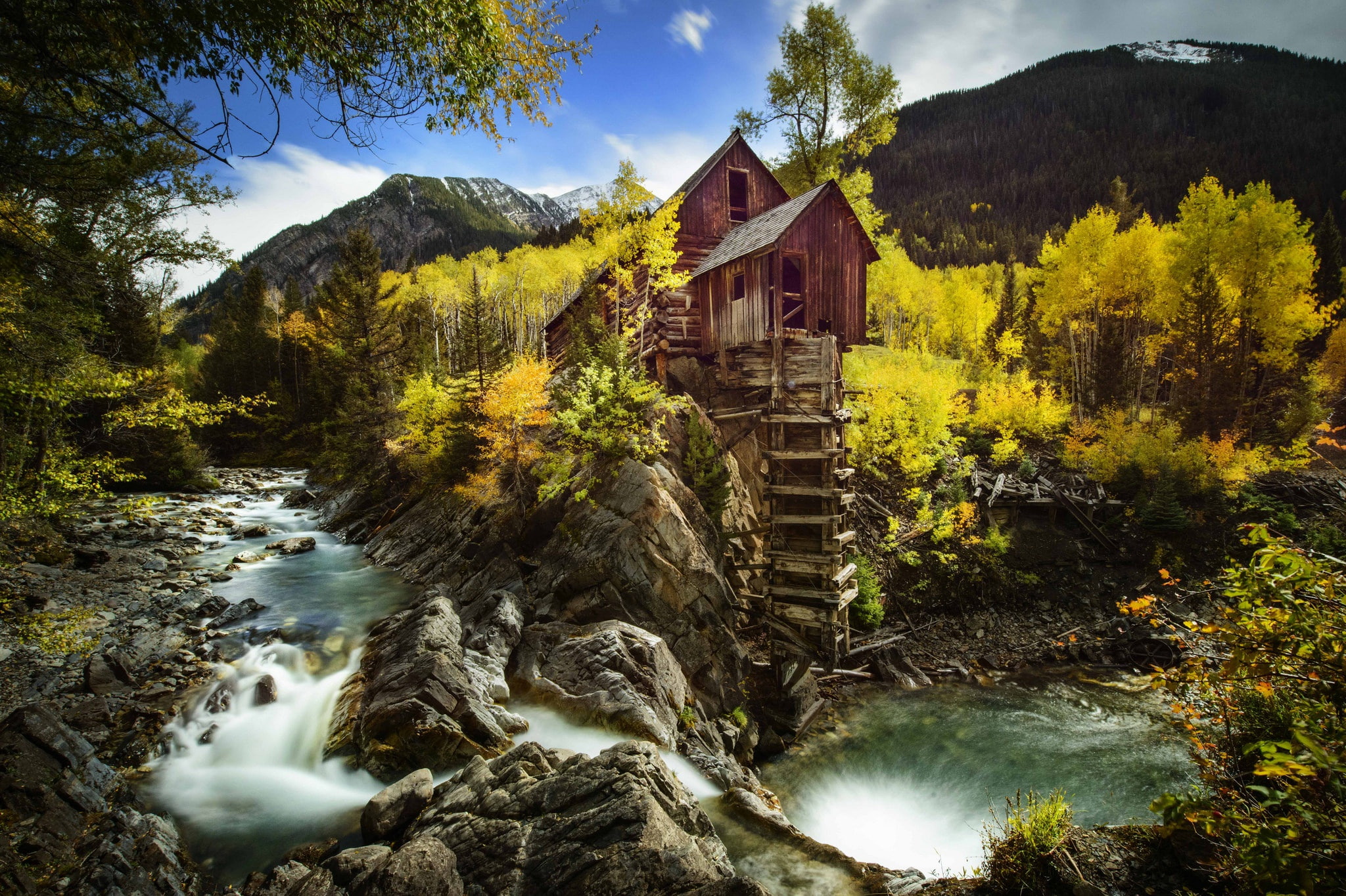 rock, Colorado, trees, Crystal, River Crystal, autumn, river, 1080P, mountains, water mill, Crystal Mill, Crystal River, HD Wallpaper