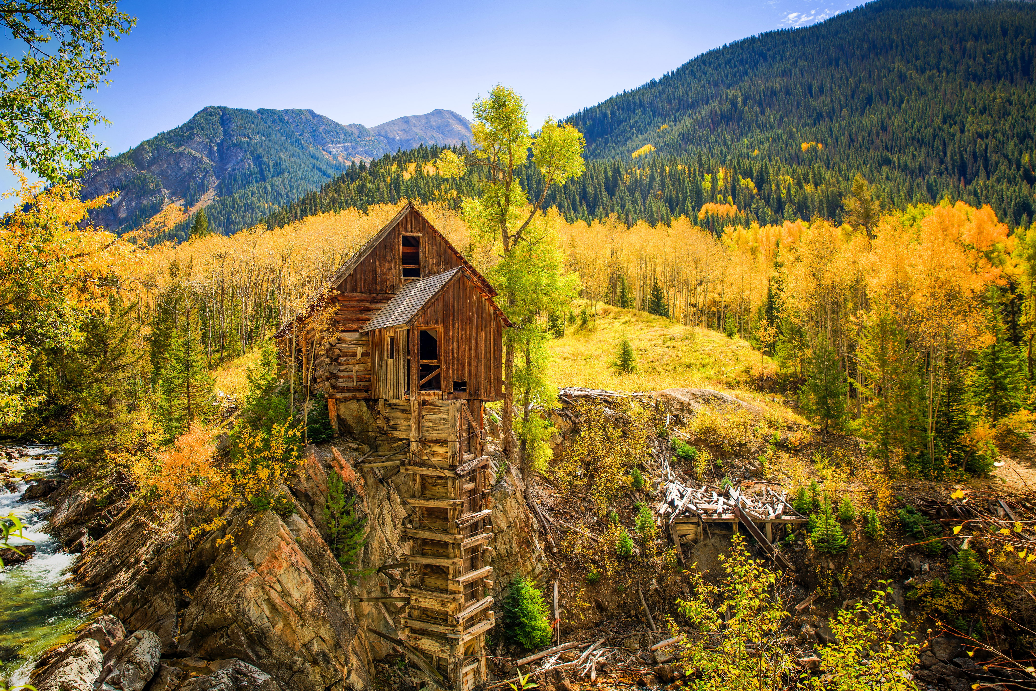 mountains, Crystal River, stones, USA, stream, water mill, autumn, forest, Crystal Mill, trees, 4K, Colorado, HD Wallpaper