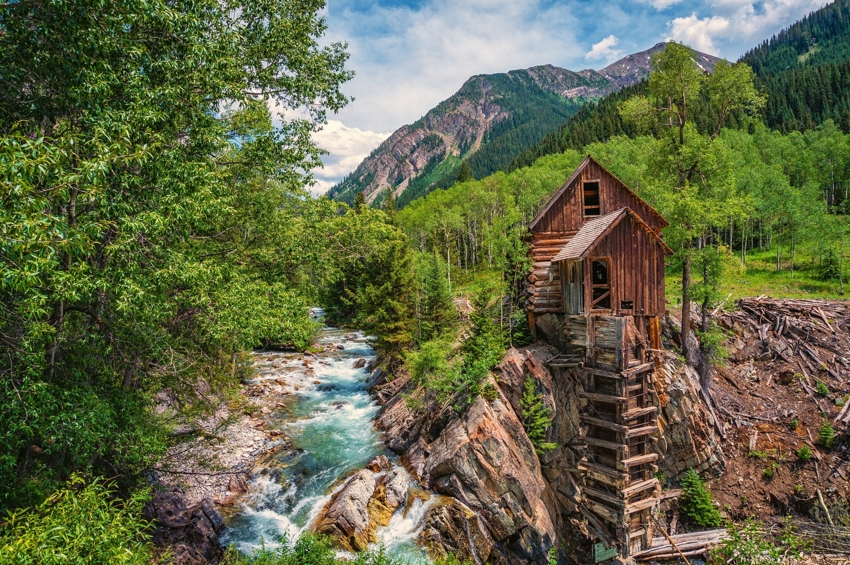 wooden, water mill, Crystal River, house, 2K, river, Colorado, trees, Crystal, mountains, Crystal Mill, brown, forest, HD Wallpaper