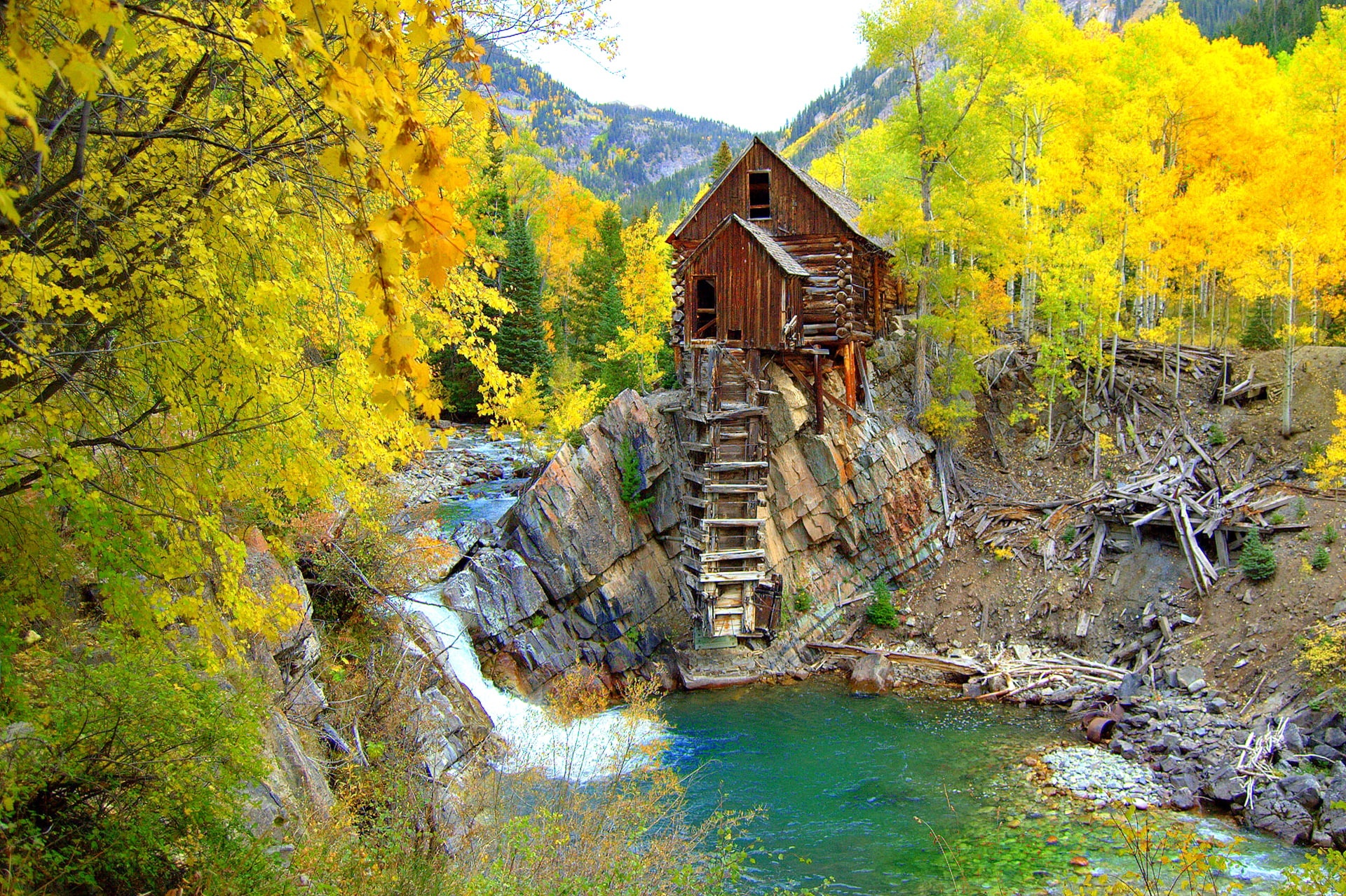 house, river, rocks, Colorado, stones, wooden, Crystal Mill, USA, 1080P, brown, forest, autumn, trees, mountains, HD Wallpaper