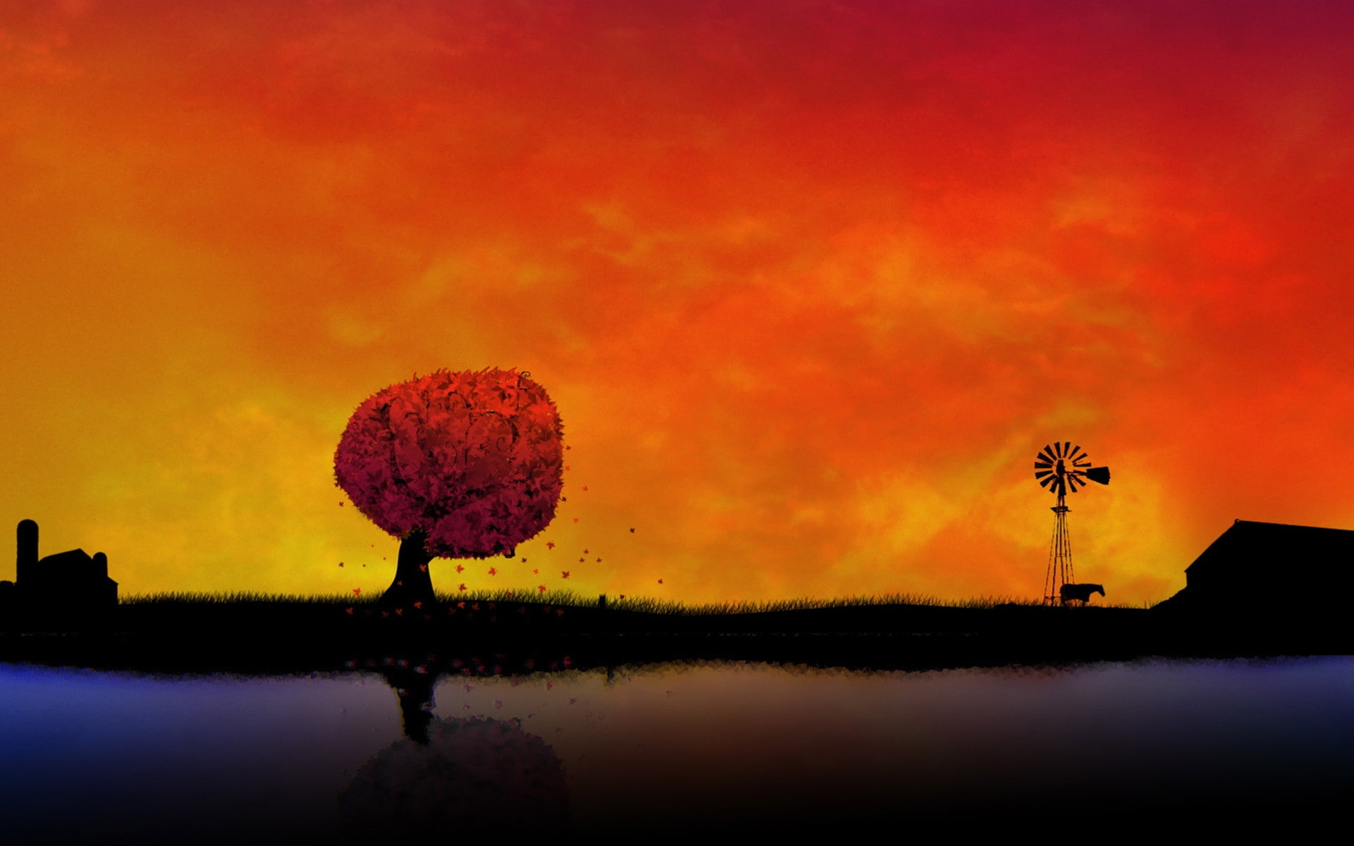 Turbine, Farm Silhouette, horse, 1920x1200, digital art, tree, autumn, Leaf, mill, barn, 1080P, Wind, HD Wallpaper