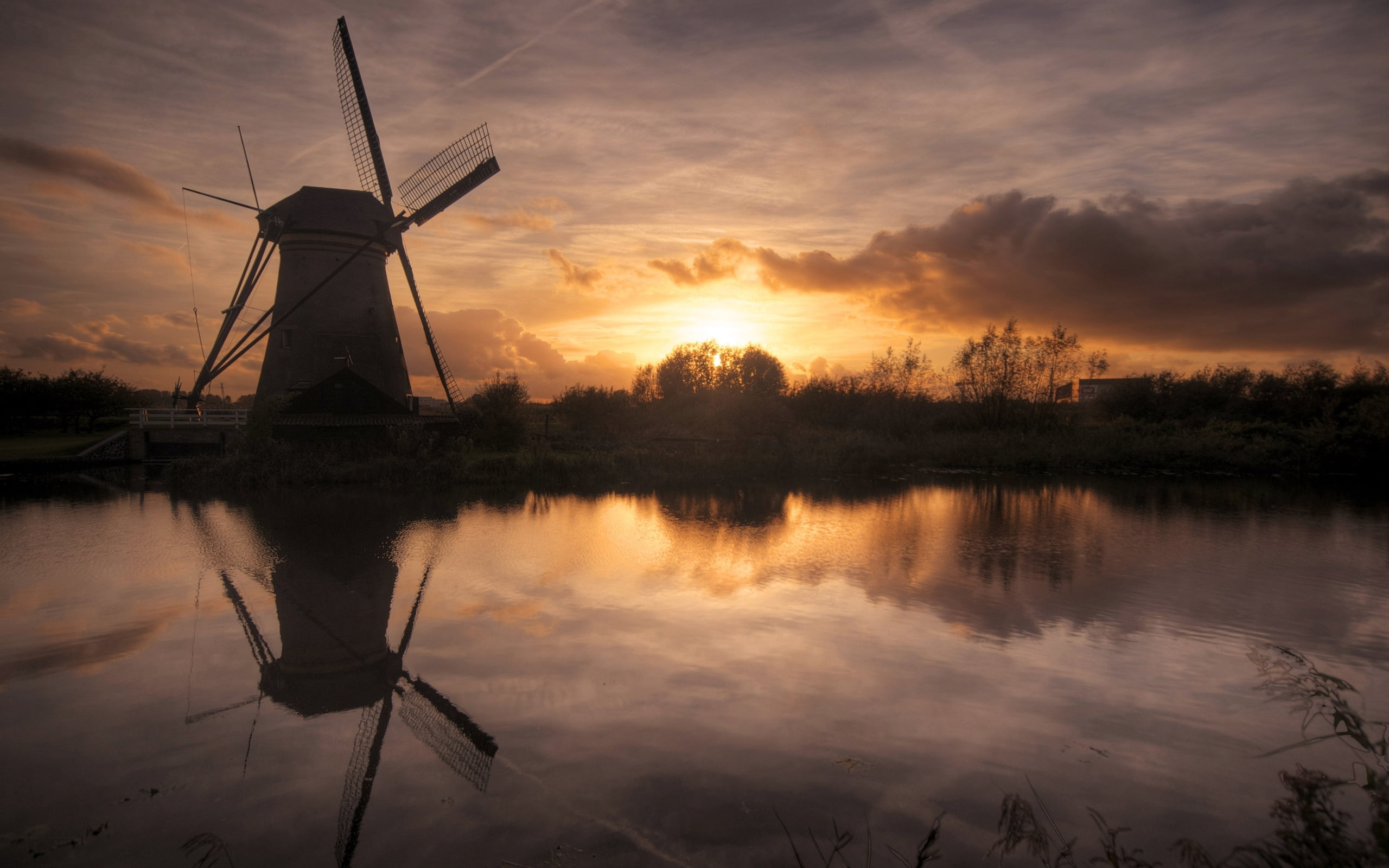 tower, sunlight, old, beauty In Nature, river, alternative energy, white, water, evening, sunset, windmill, wind Power, reflection, netherlands, orange color, HD Wallpaper