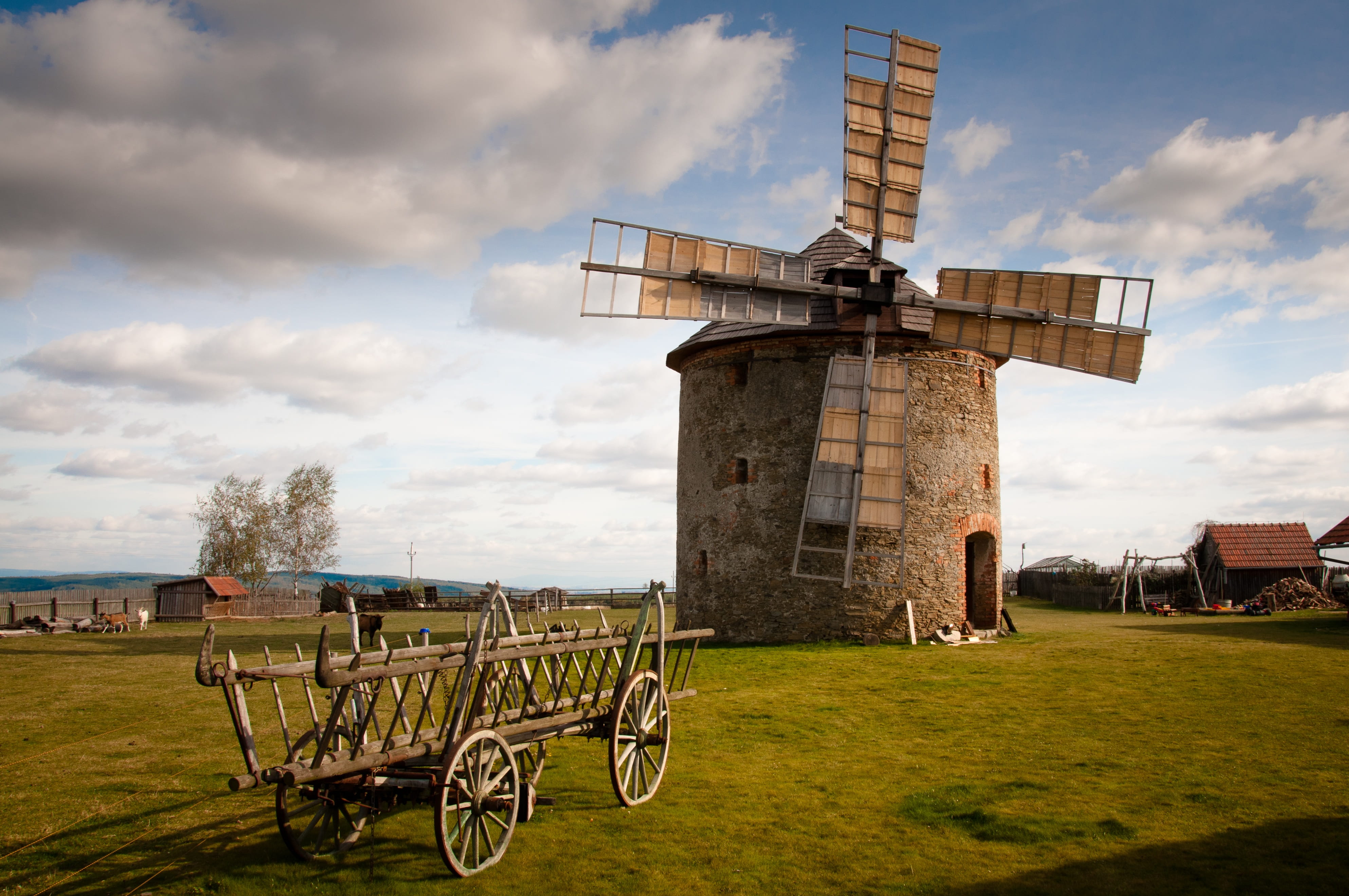 architecture, car, building exterior, plant, land, outdoors, grass, built structure, gray, unesco, wind power, nature, flour, traditional windmill, field, HD Wallpaper