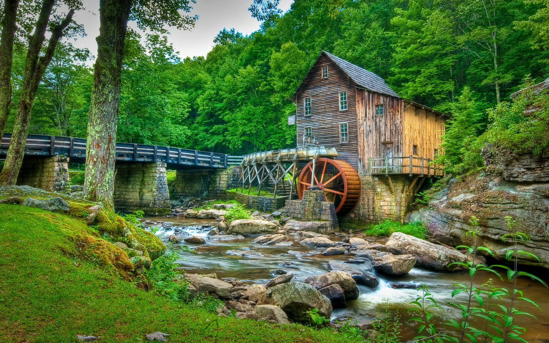 mill, park, 1080P, stream, babcock, desktop, rocks, hd, water, trees, forest, usa, state, old, bridge, HD Wallpaper