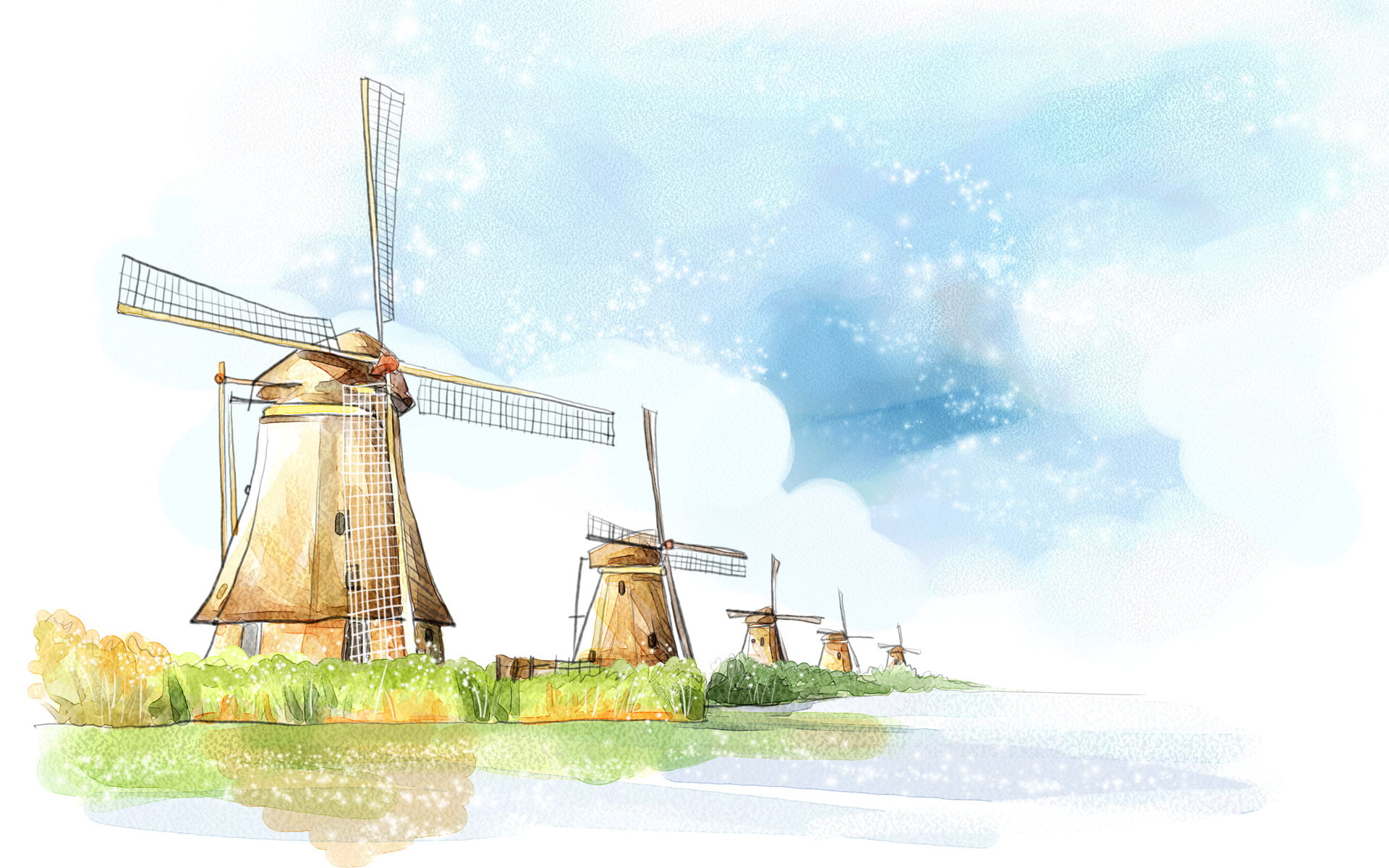 history, kinderdijk, cultures, alternative energy, backgrounds, nature, retro Styled, cloud - Sky, 1080P, fuel and Power Generation, plant, figure, landscape, HD Wallpaper