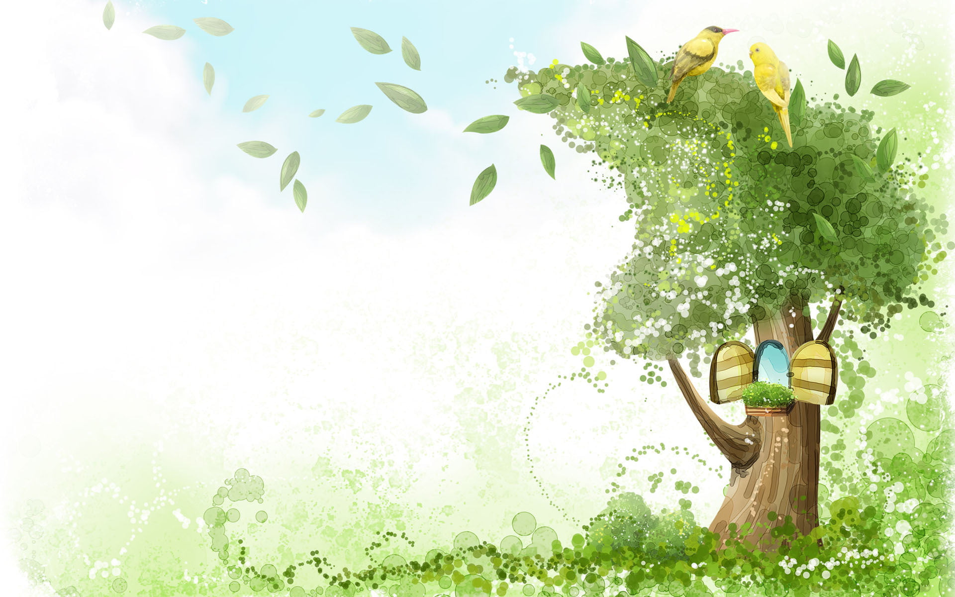 flower, digital composite, green Color, decoration, smiling, full length, women, sky, leaf, parrots, springtime, birds, painting, illustration, the wind, HD Wallpaper