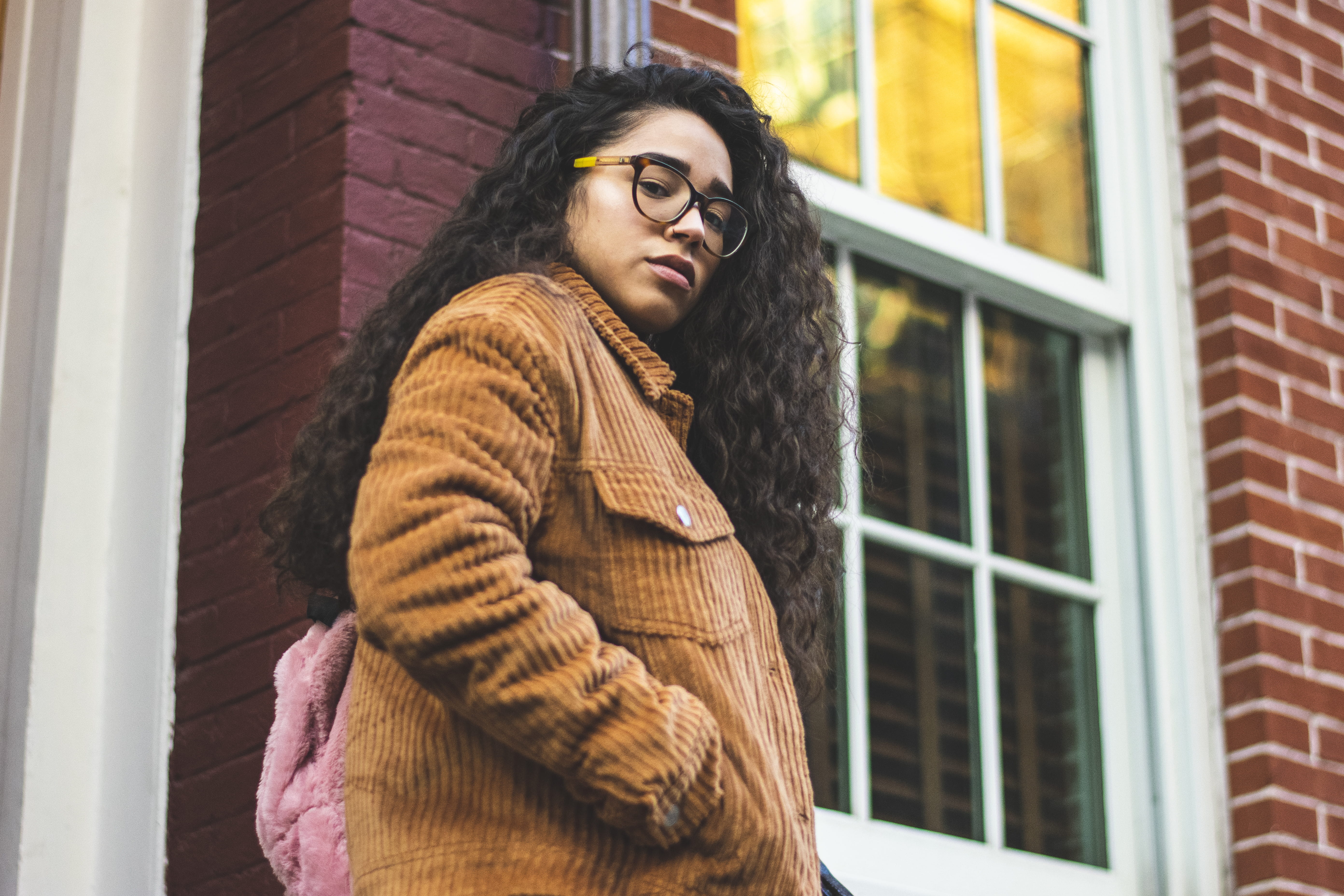 looking, cold temperature, jacket, adult, woman, women, eyewear, white, winter, wear, front, fashionable, fashion, brown, corduroy, window, outdoors, 5K, HD Wallpaper