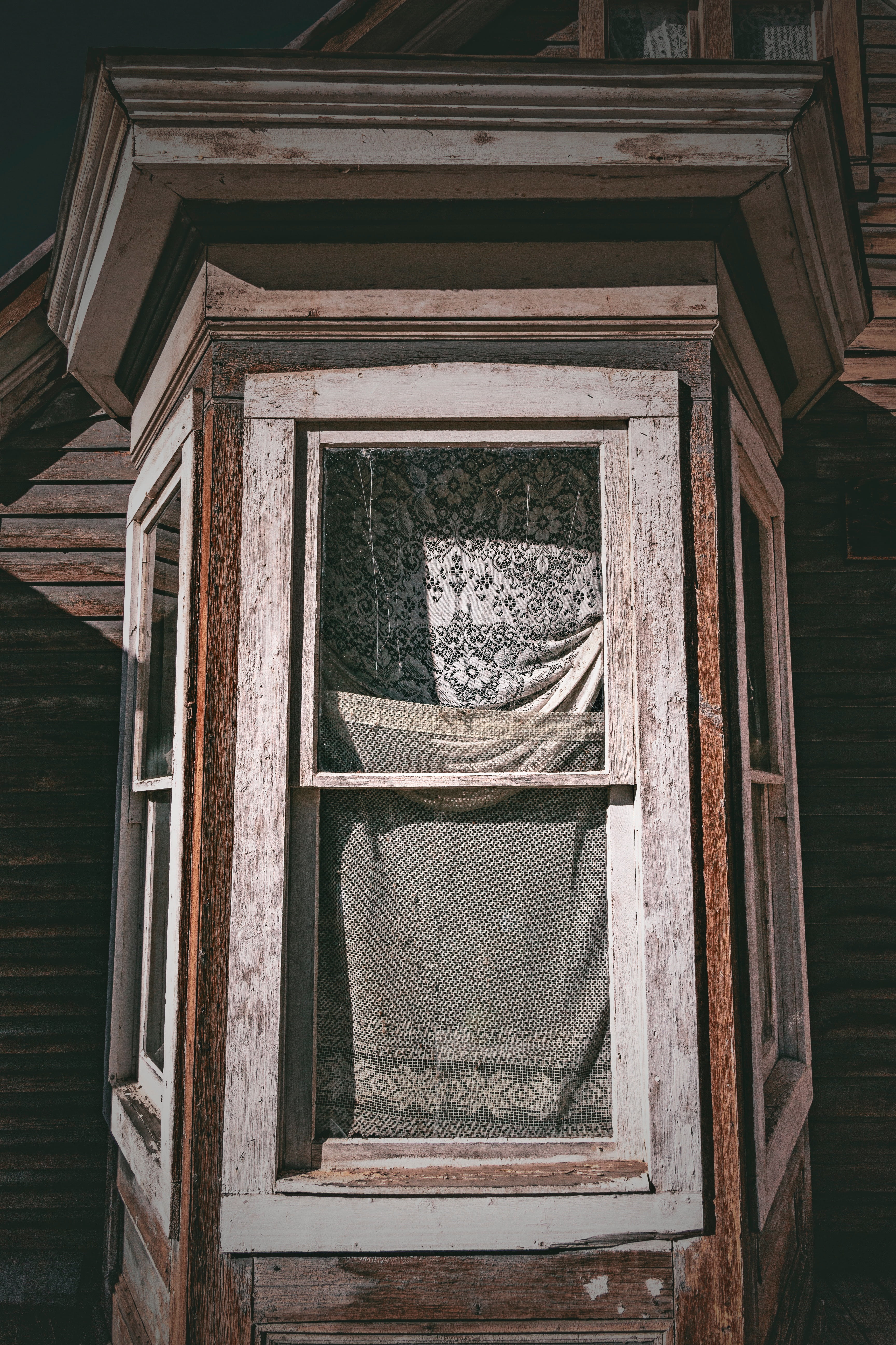 home, house, nature, wood, glass - material, window frame, curtain, close-up, built structure, pattern, geometric shape, old, 5K, closed, no people, transparent, Phone HD Wallpaper