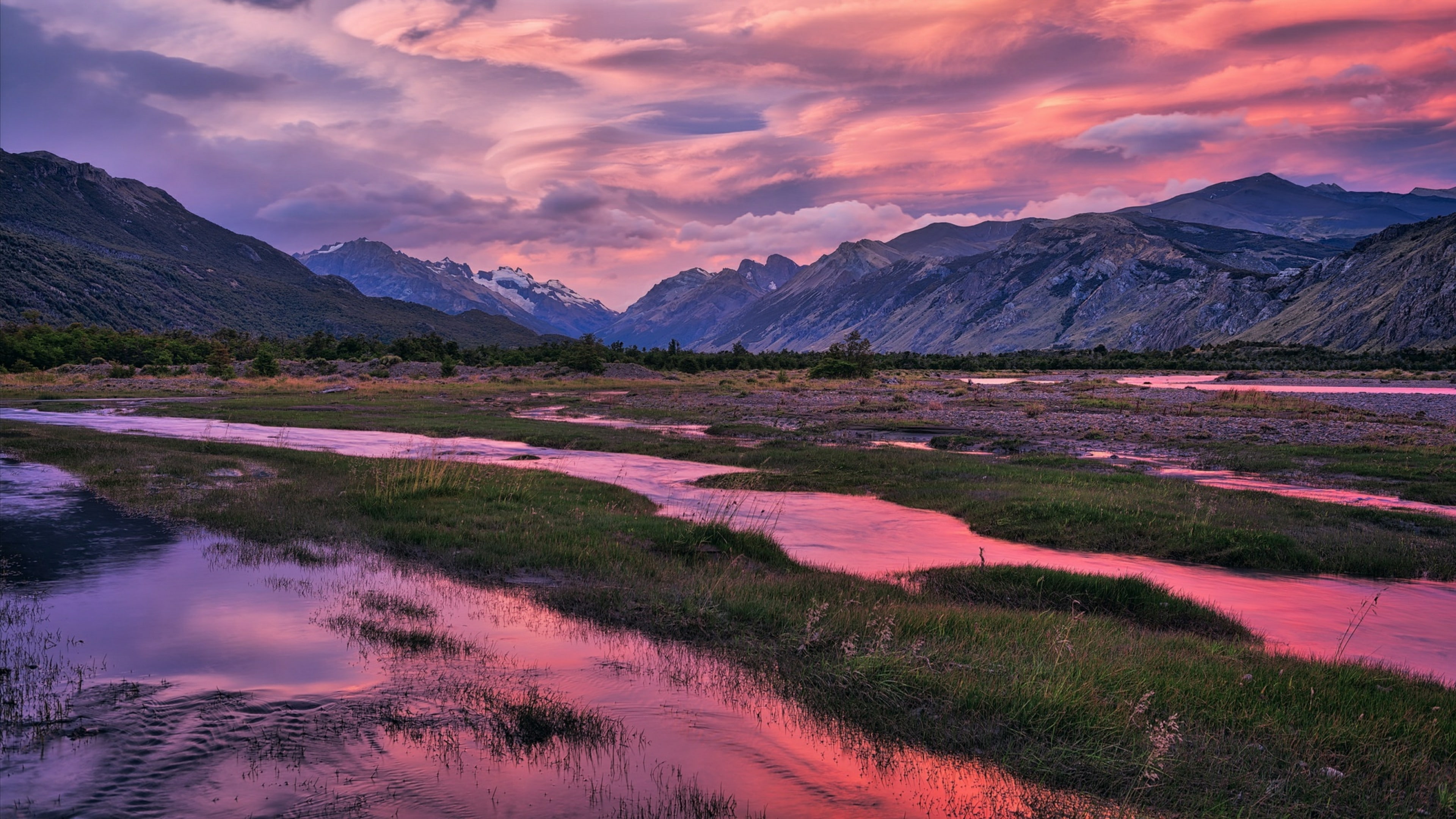 highland, sky, cloudy, cloudy sky, landsccape, mountain, dawn, el chalten, lake, wetland, argentina, 4K, morning, pink clouds, reflected, nature, HD Wallpaper