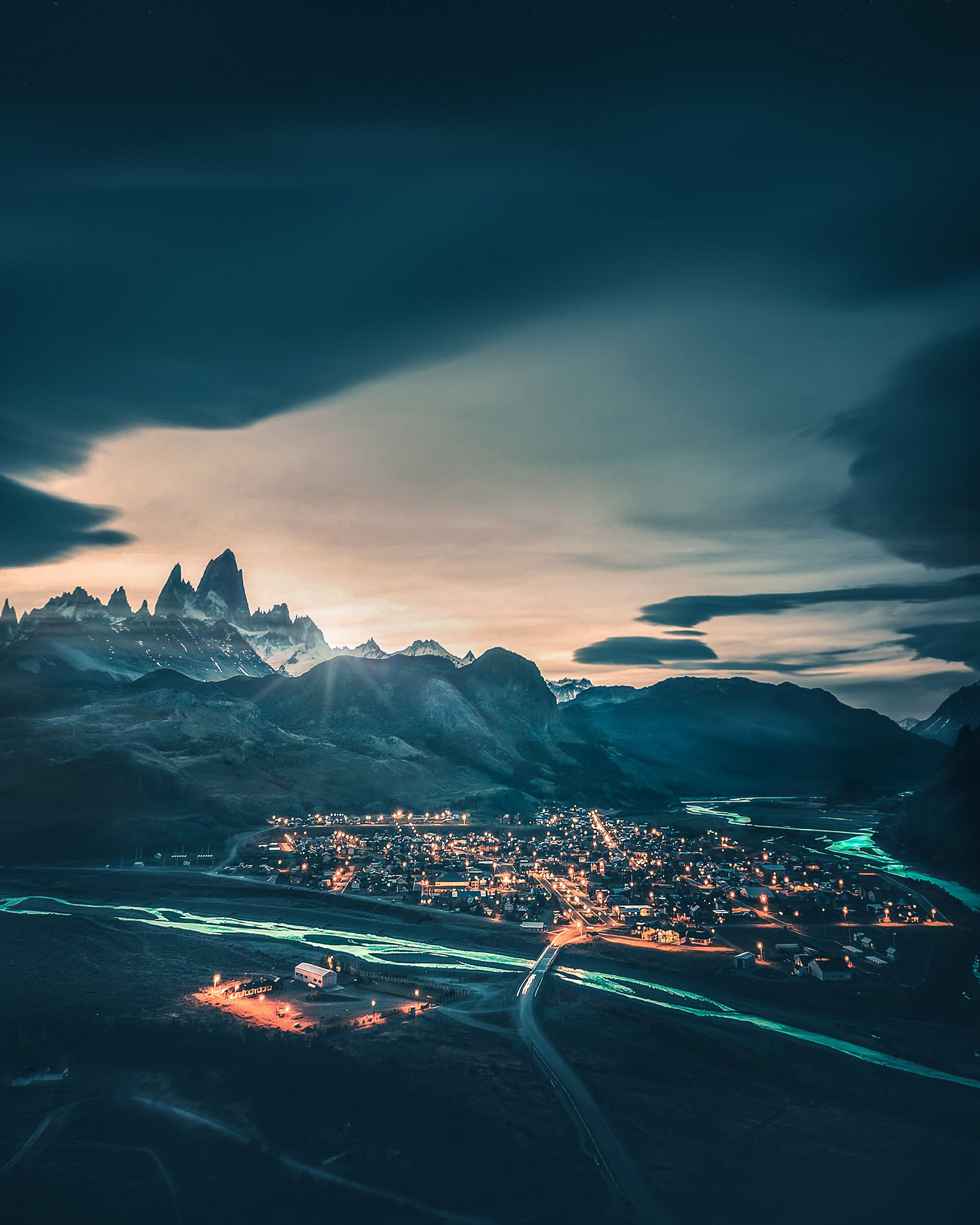 patagonia, sky, landscape, nature, scenics - nature, beauty in nature, outdoors, 2K, illuminated, village, no people, transportation, built structure, Phone HD Wallpaper
