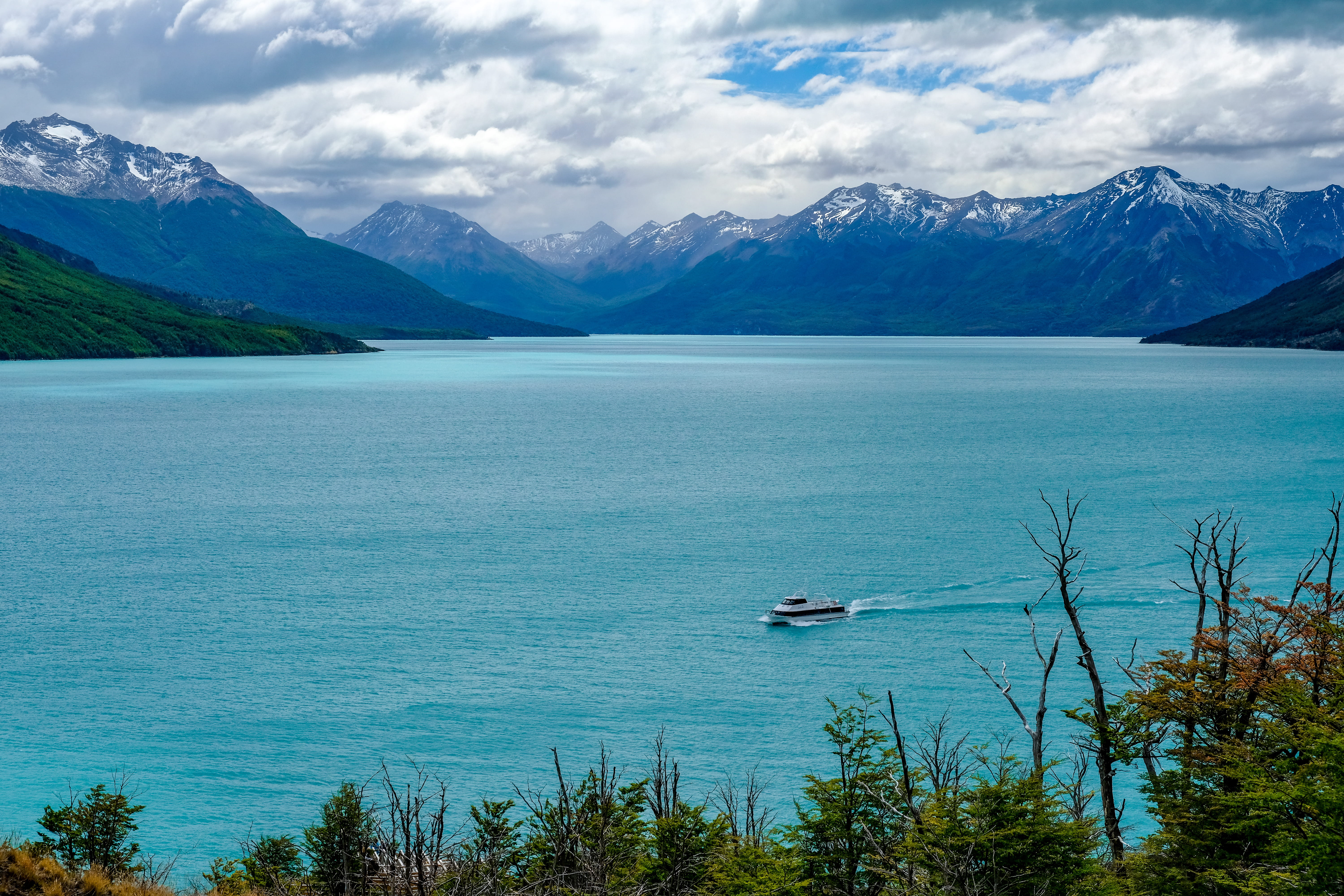 day, body, ocean, lake, turquoise colored, sky, los glaciares national park, plant, mountain range, outdoors, patagonia, promontory, coast, boat, transportation, HD Wallpaper