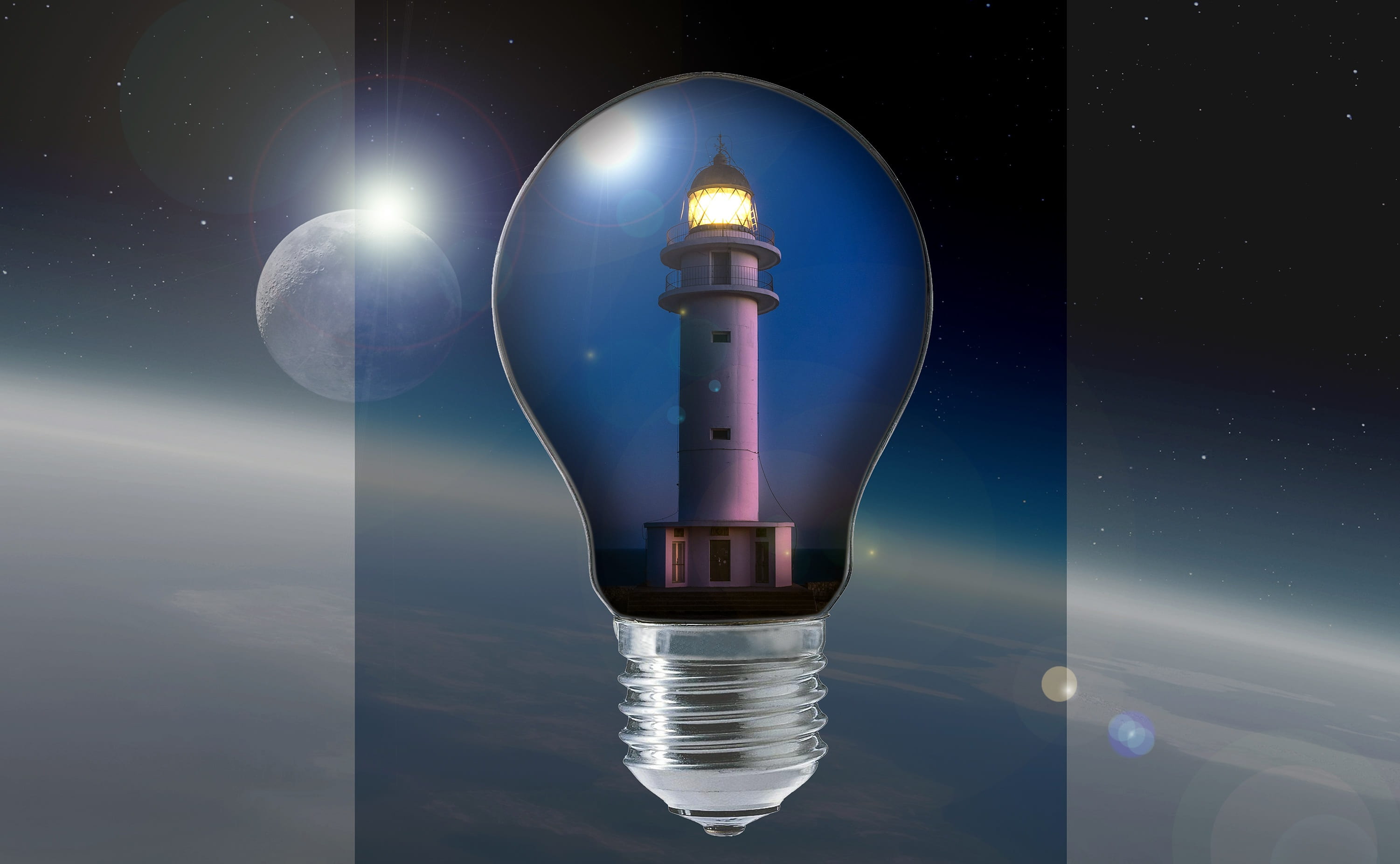 innovation, lighthouse, thread, indoors, electricity, illustration, digital composite, romance, glowing, mystical, blue, sky, space, reflection, inside, HD Wallpaper