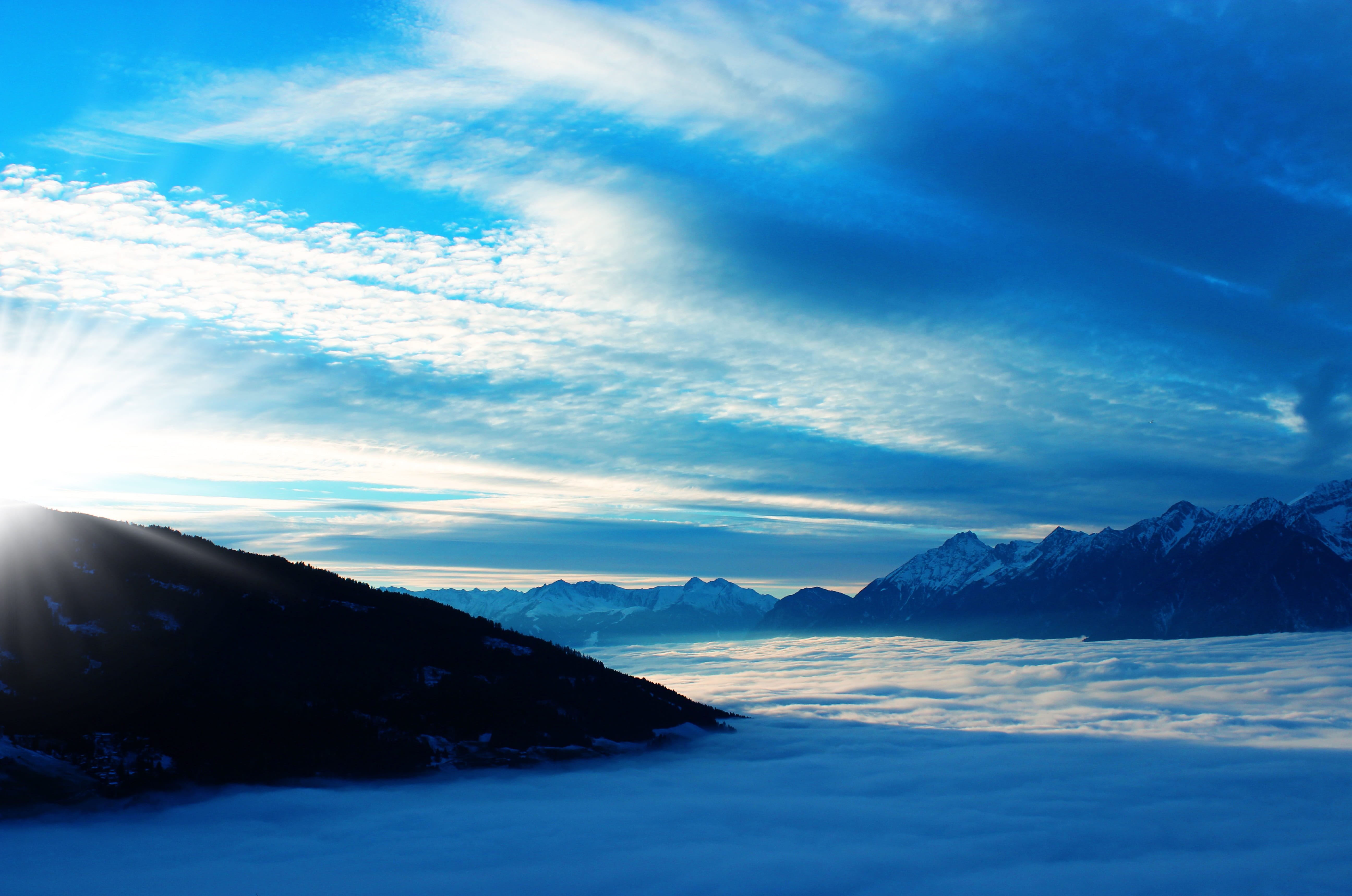 cloud - sky, no people, blue, beauty in nature, mountain range, idyllic, tranquil scene, mountain peak, austria, scenics - nature, sunbeam, tranquility, HD Wallpaper