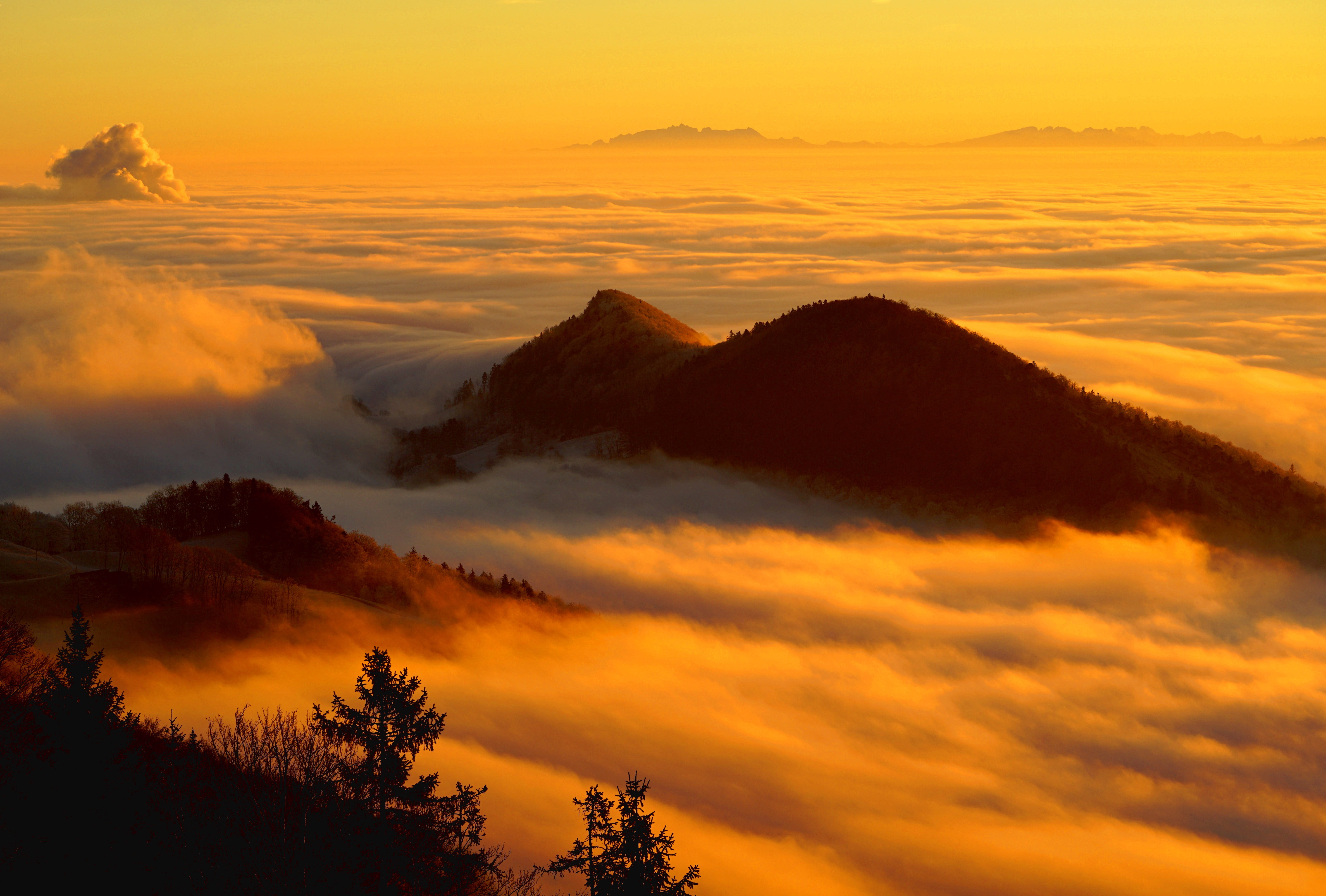 mountains, cloudscape, cloud cover, tree, mountain peak, dramatic sky, nature, no people, sun, alps, mood, idyllic, landscape, environment, awe, scenics - nature, HD Wallpaper
