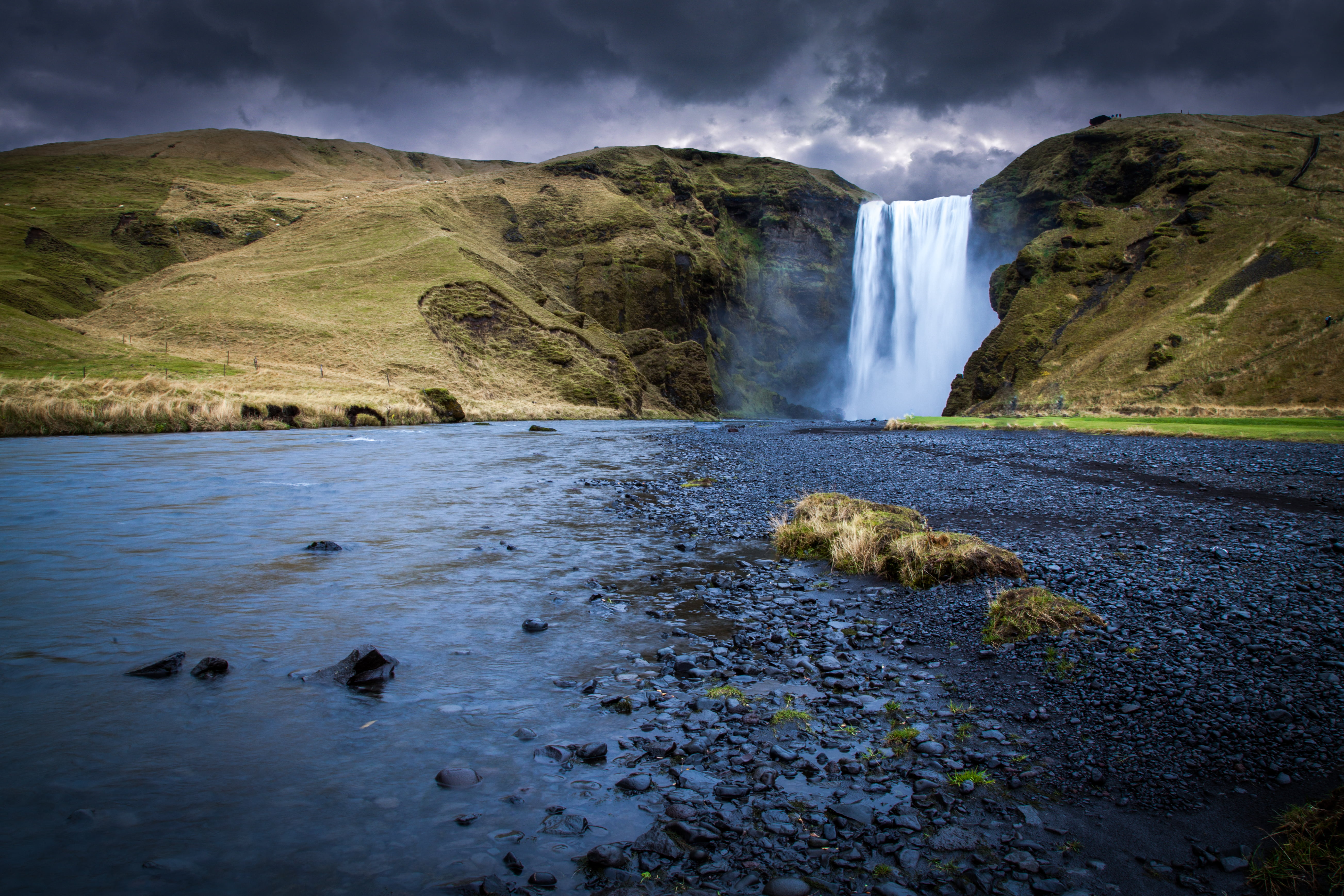 Skogafoss, cloudy, travel, outdoors, iceland, falls, stream, time lapse, 5K, river, landscape, islandia, two, beside, beauty In Nature, lapse, time, water, HD Wallpaper