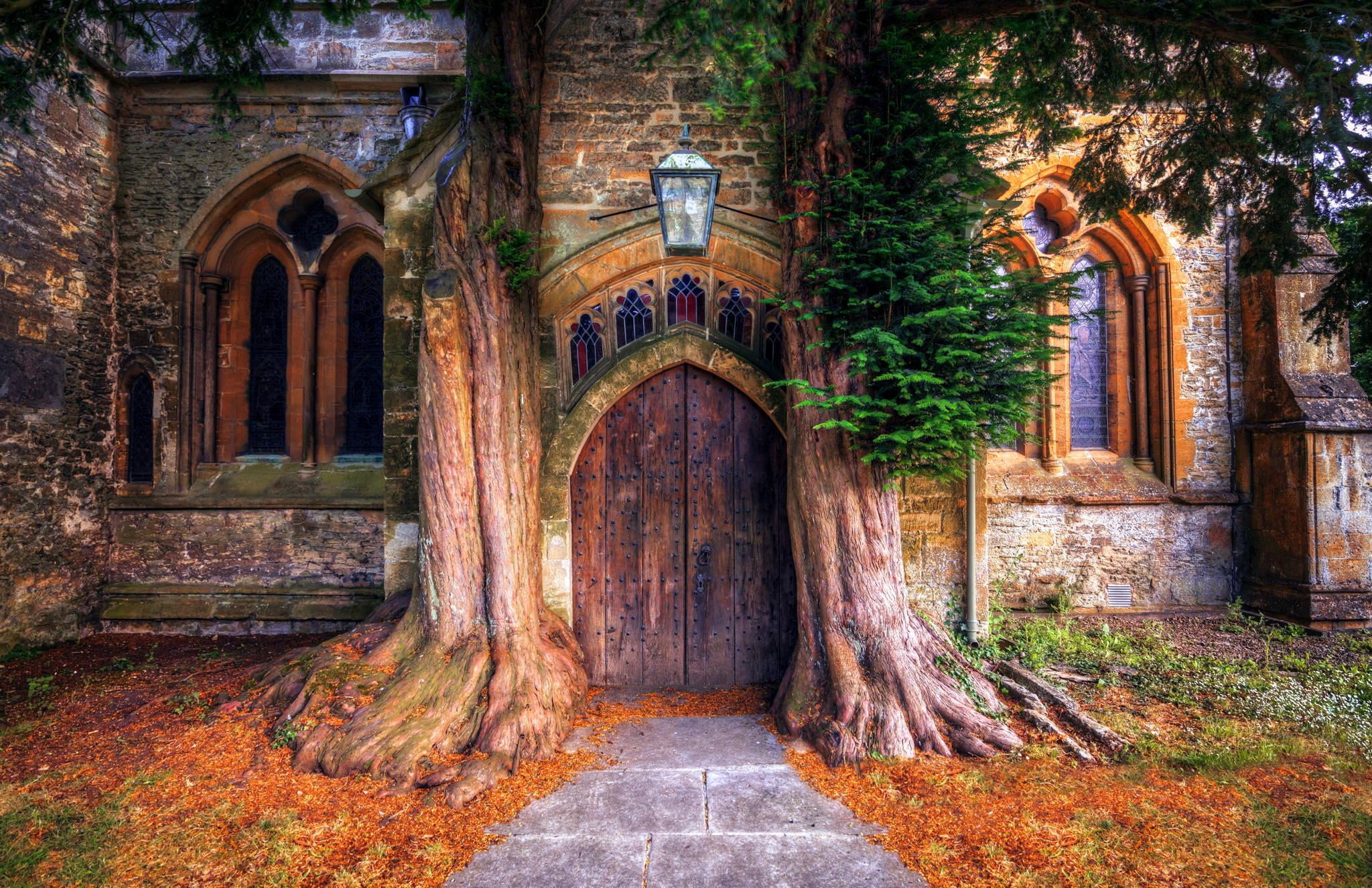 door, 1080P, church, old building, window, Costwolds, arch, England, architecture, village, trees, HDR, UK, HD Wallpaper