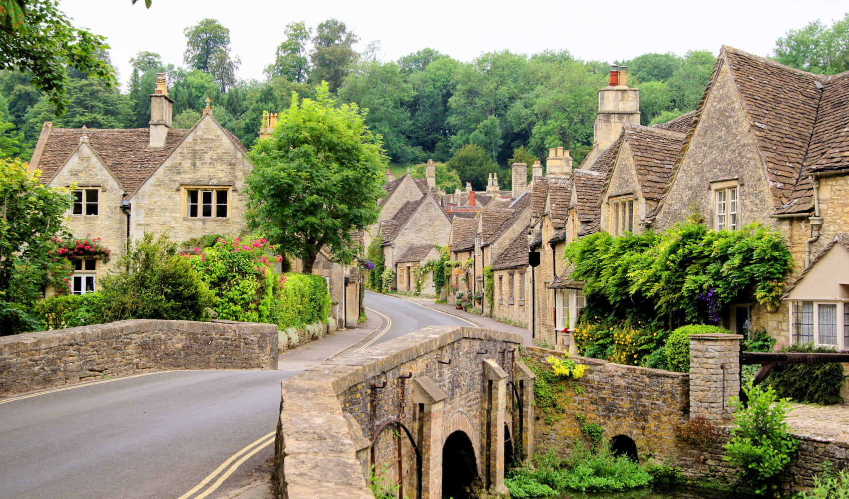 England, 720P, bridge, road, trees, architecture, village, old building, plants, UK, Costwolds, house, HD Wallpaper