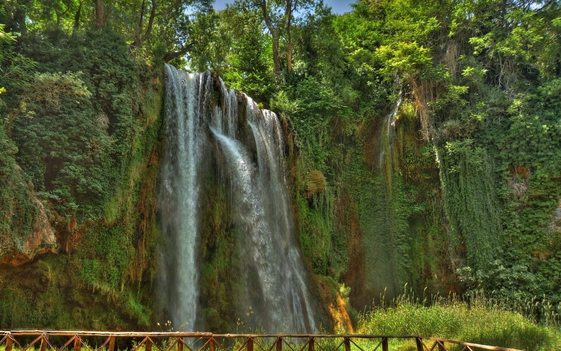 falling water, scenics - nature, waterfalls, rainforest, beauty in nature, landscape, tree, forest, land, power in nature, flowing water, surrounded, trees, HD Wallpaper