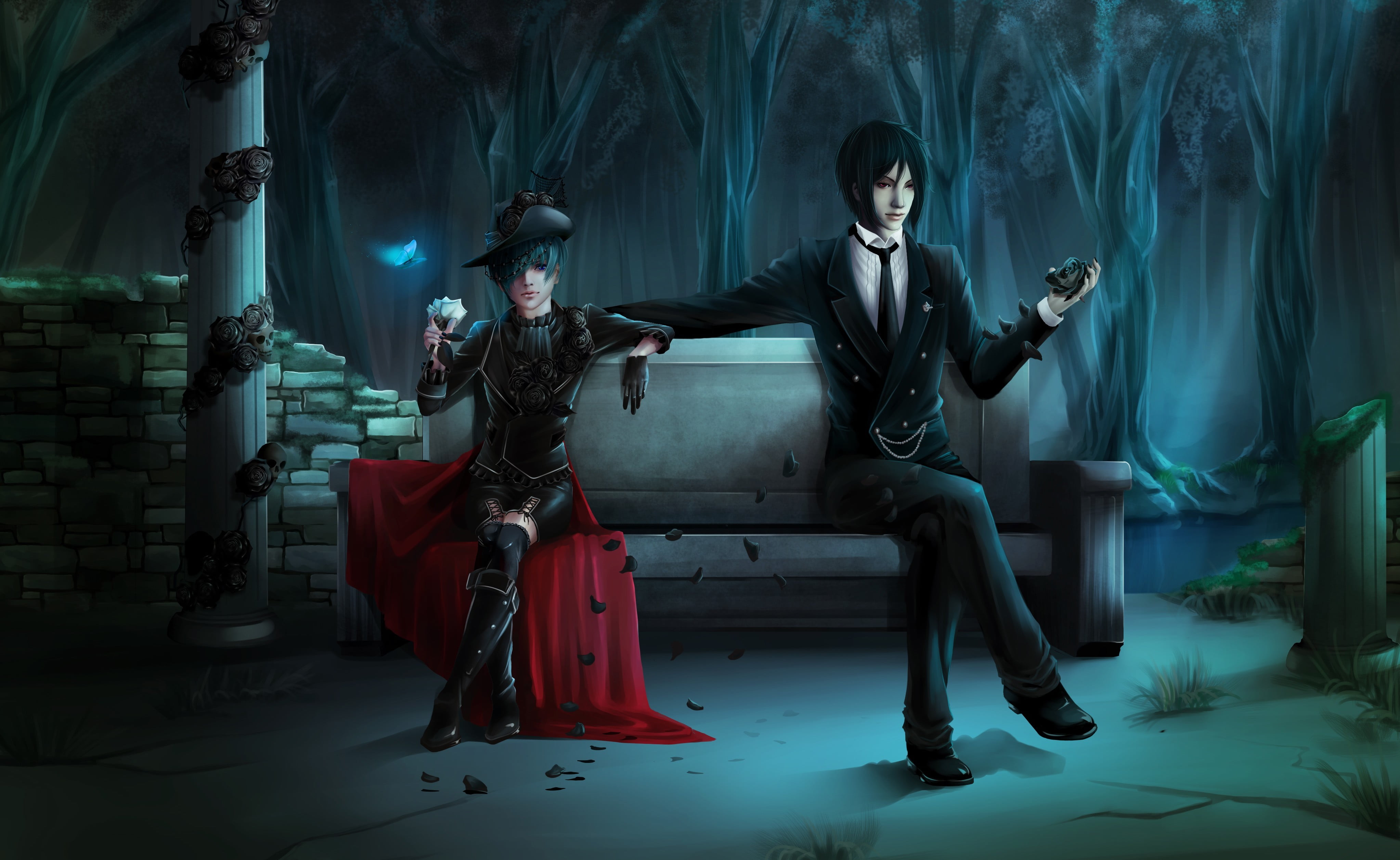 one person, shop, men, males, well-dressed, dark, adult, fantasy, kuroshitsuji, butterfly, column, art, Liana, 4K, guy, clothing, young men, digital composite, HD Wallpaper