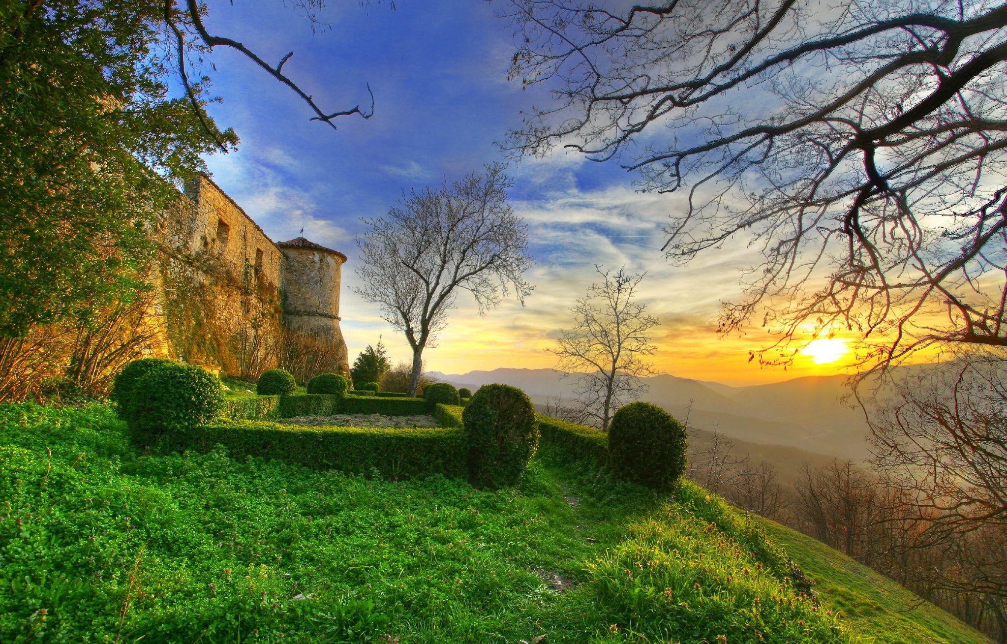 sunset, naure, secret, 1080P, animals, castles, garden, architecture, HD Wallpaper