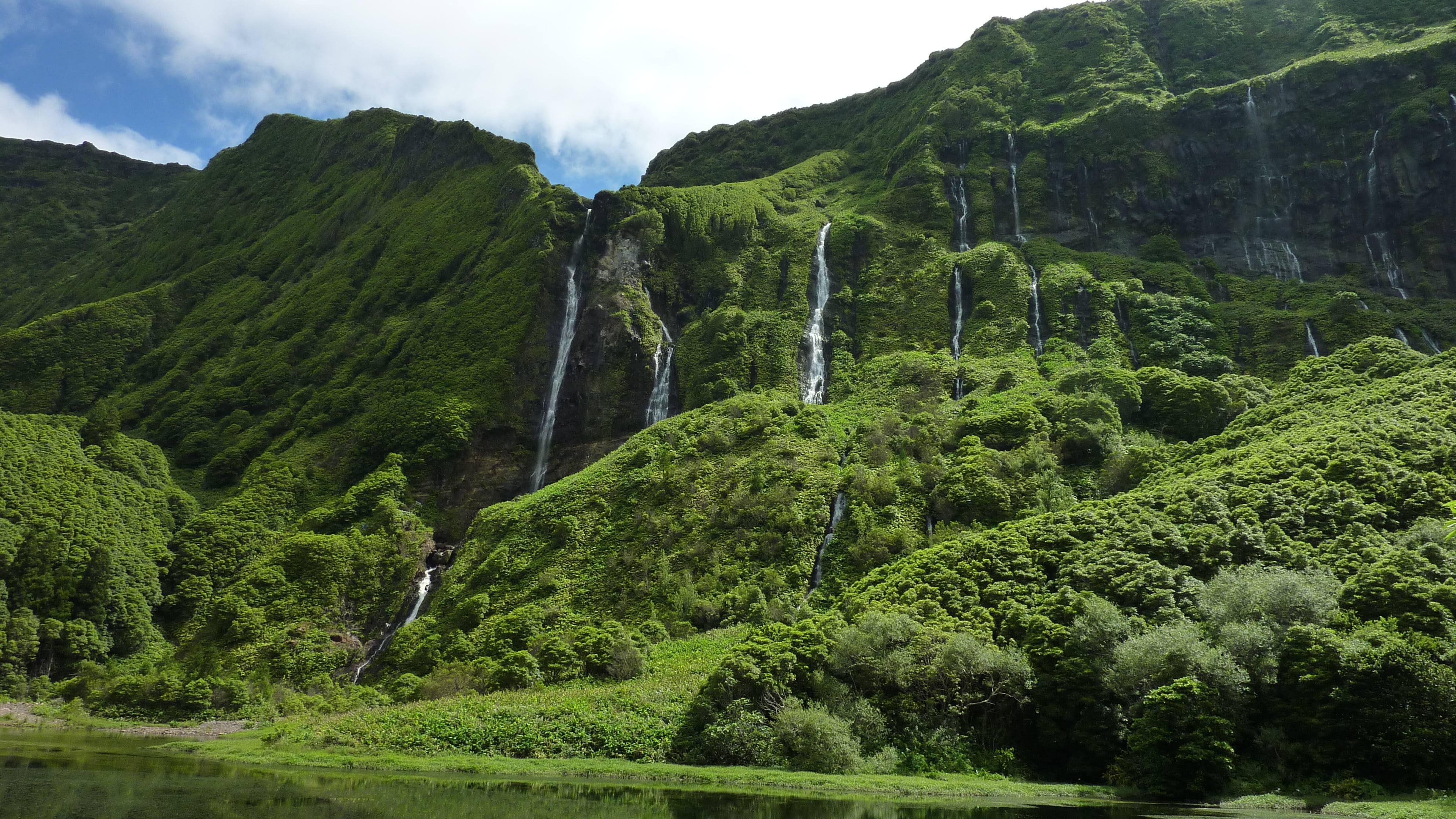tranquility, waterfalls, cliff, sky, landscape, waterfall, forest, azores, travel Destinations, foliage, leafed, beauty In Nature, green Color, lush foliage, HD Wallpaper