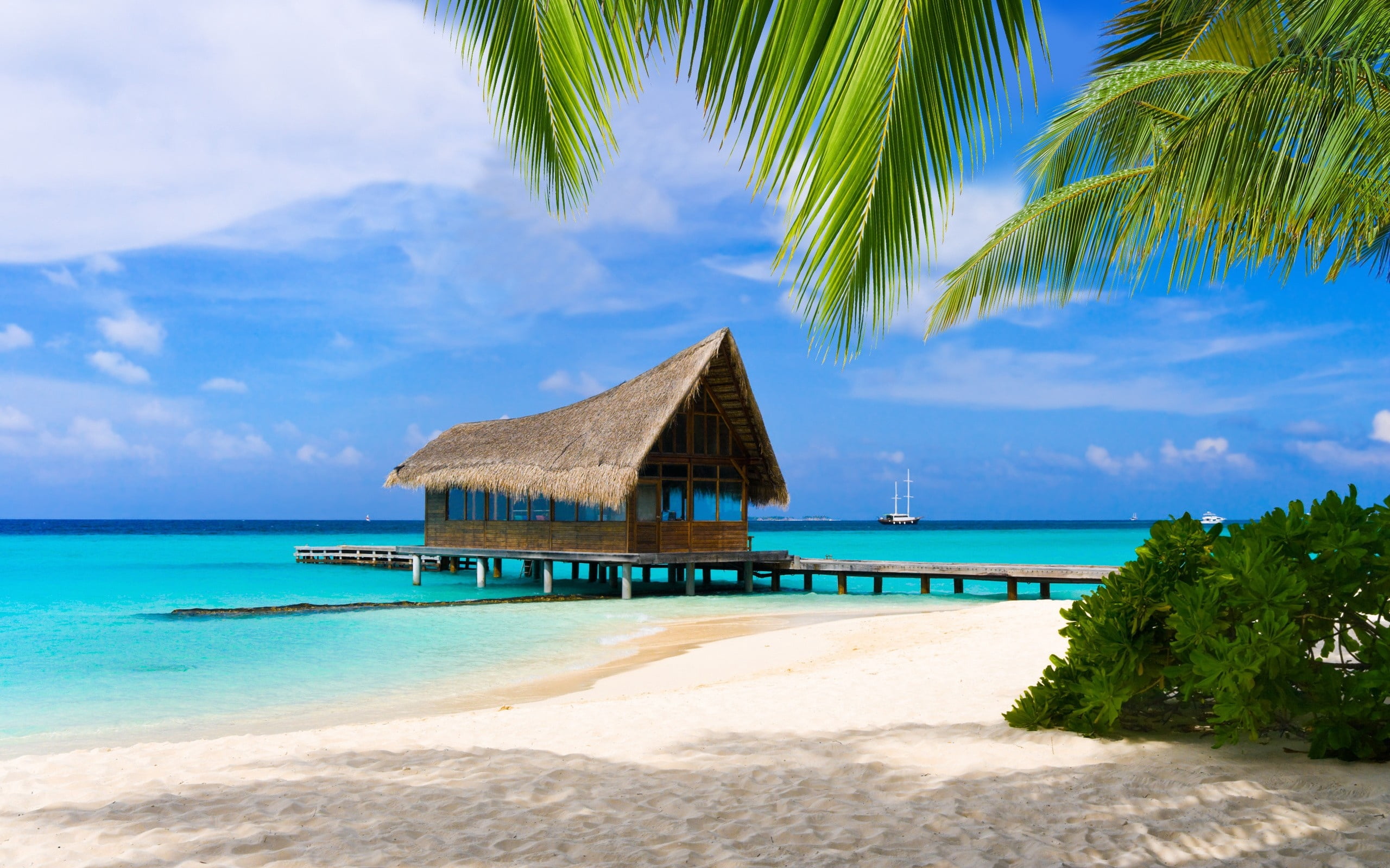 summer, vacations, built structure, horizon over water, turquoise Colored, beach, tourism, journey, hotel, building, maldives, water, exoticism, hut, land, HD Wallpaper