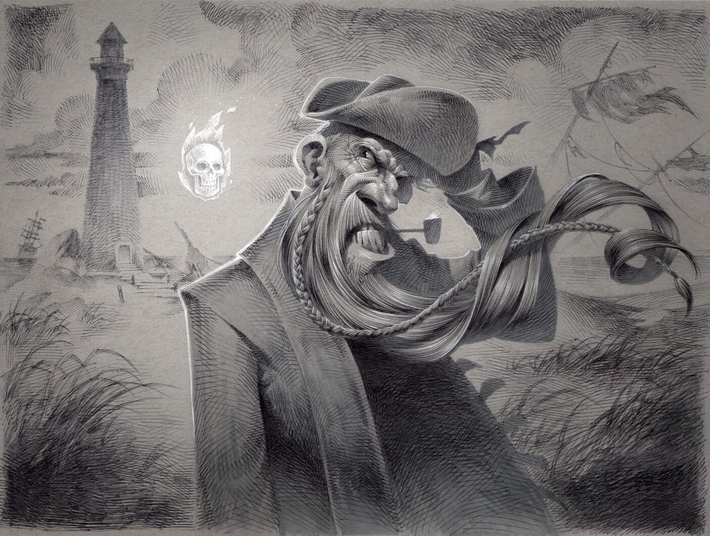 skull, drawn, grass, 720P, bald, ghost, monochrome, Kevin Keele, men, HD Wallpaper