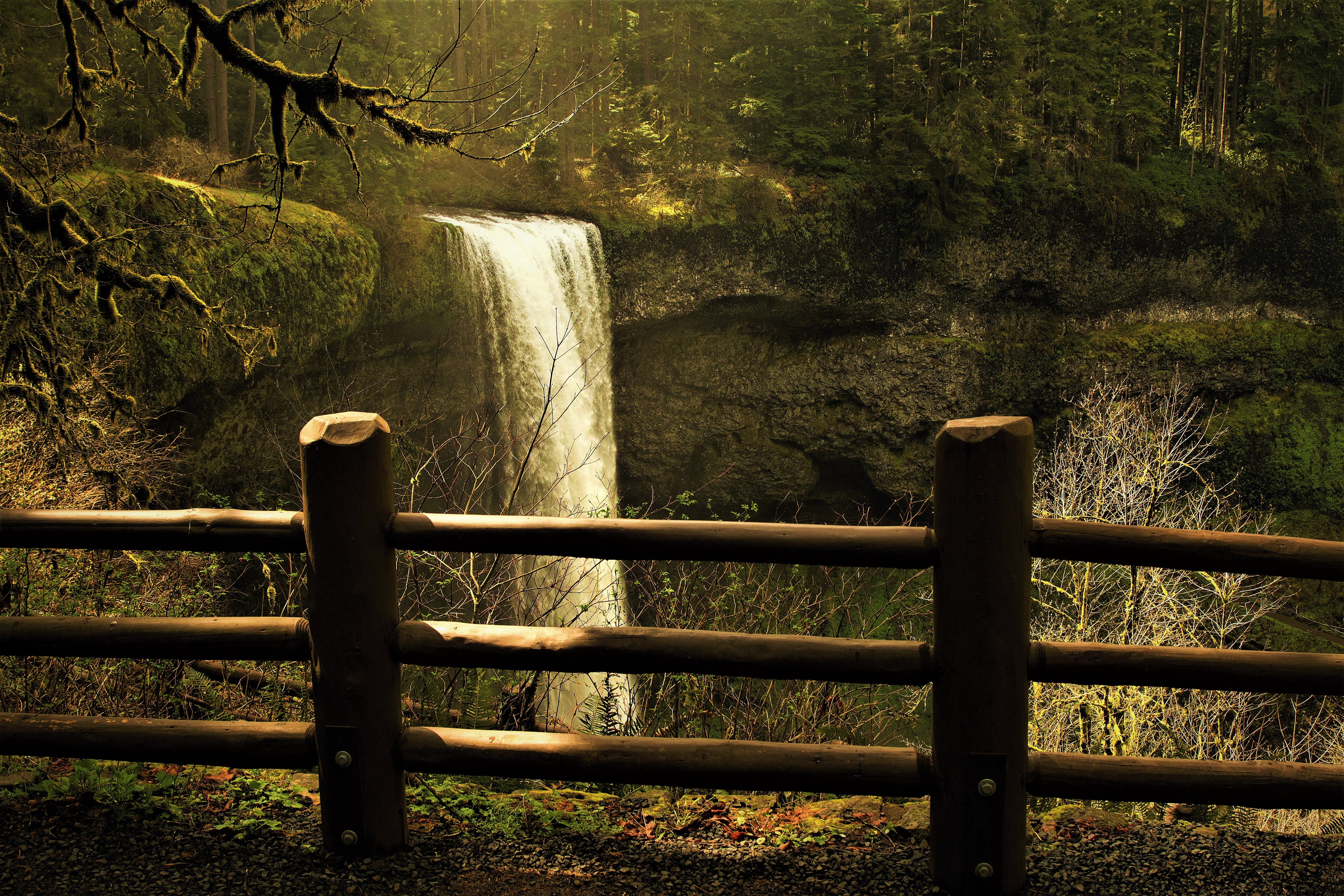5K, silver, earth, state, falls, forest, waterfall, park, fence, HD Wallpaper
