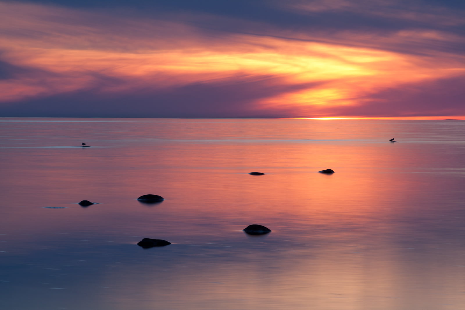 sea, orange Color, Burning, 4L, seascape, EF, reflection, nature, beach, 70-200mm, rocks, USM, water, sunset, tranquil Scene, sky, long exposure, dusk, HD Wallpaper