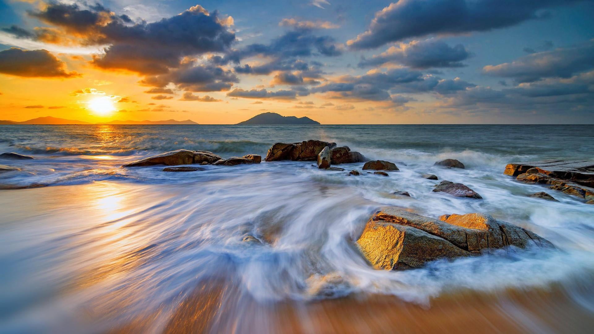 water, shore, stone, indonesia, sea, singkawang, sunset, orange sky, asia, scenics - nature, rock - object, horizon, beauty in nature, rock, borneo, outdoors, HD Wallpaper
