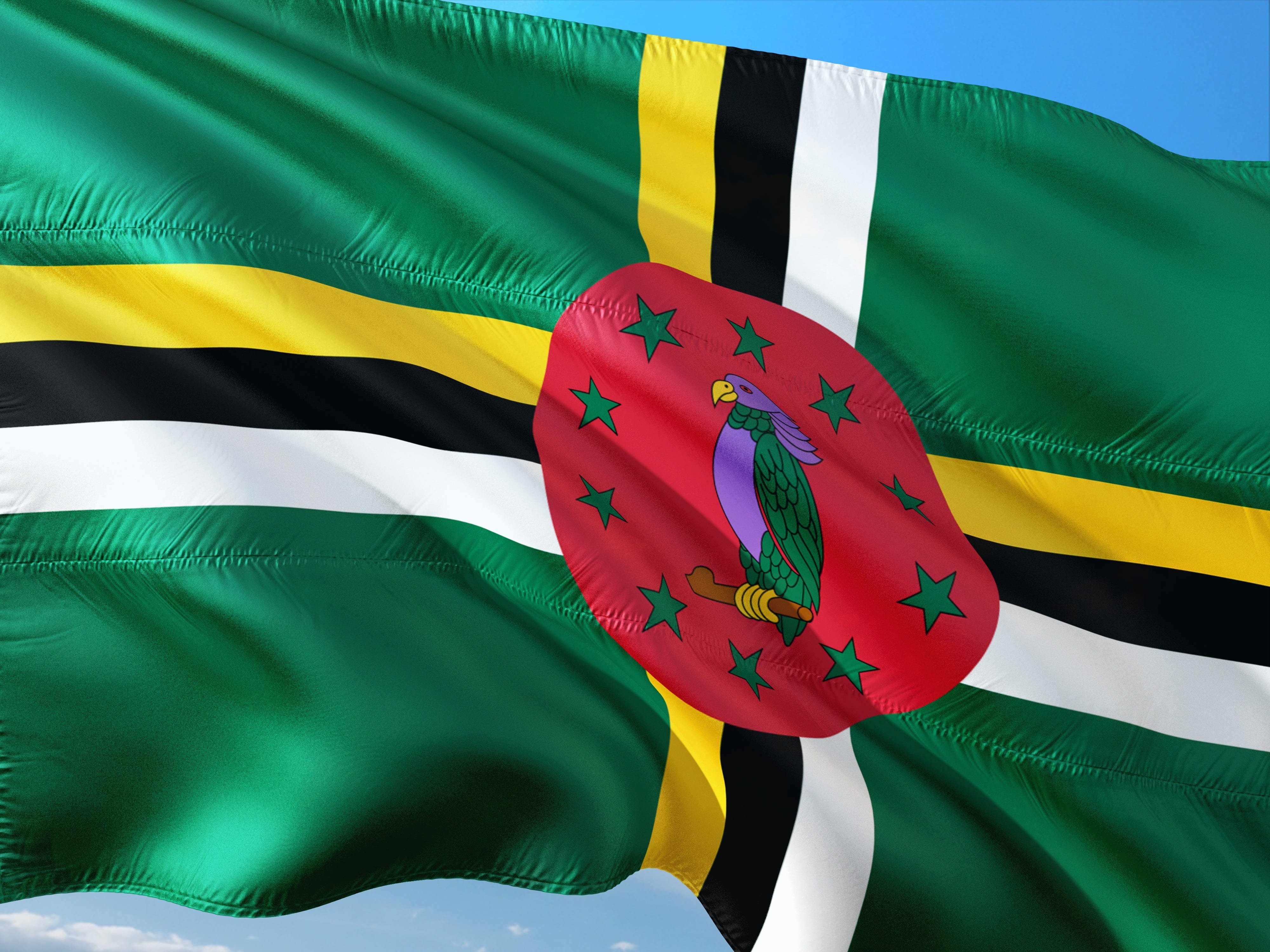 sky, nature, 4K, multi colored, yellow, celebration, outdoors, patriotism, environment, close-up, flag, textile, dominica, people, pride, caribbean, day, HD Wallpaper