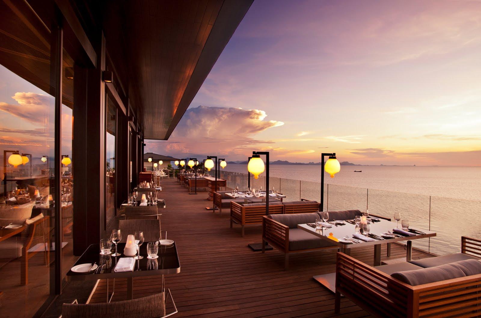 sea, paradise, 720P, islands, ocean, tropical, restaurant, dinner, dine, dining, dusk, table-for-two, sunset, beach, HD Wallpaper