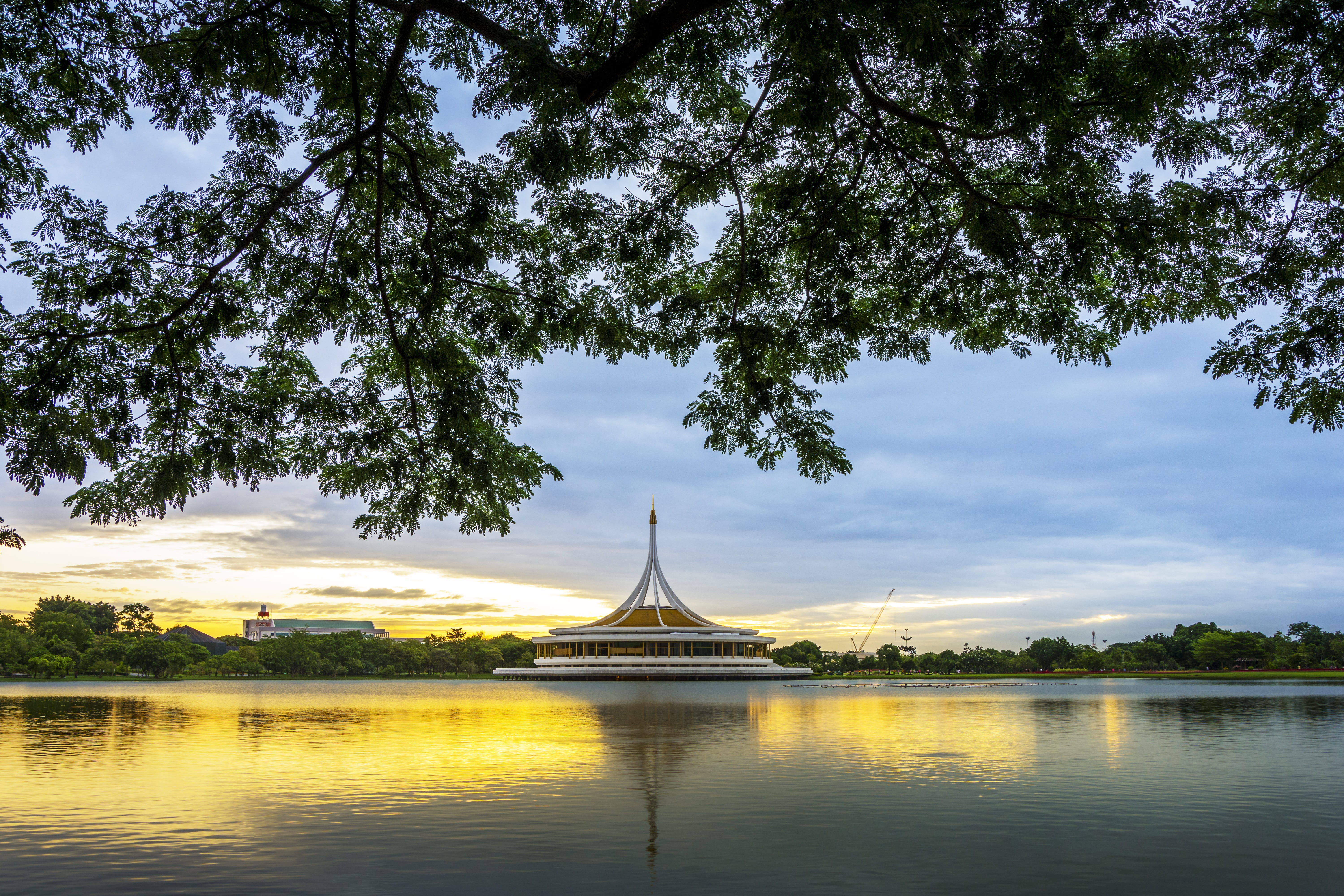 beauty in nature, the gardens peacefully, king rama ix park, white, water, clouds, 5K, waterfront, relax, reflection, sunset, building exterior, royal, HD Wallpaper