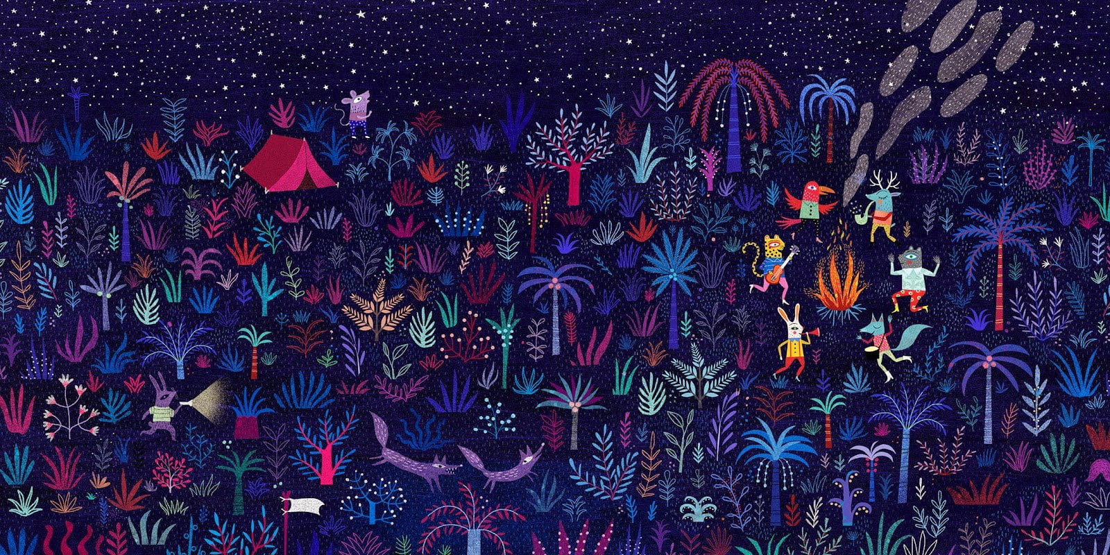 stars, fox, fire, frog, deer, musical instrument, 720P, parrot, digital art, fairy tale, night, Mariana Ruiz Johnson, rabbits, dancing, fantasy art, animals, HD Wallpaper